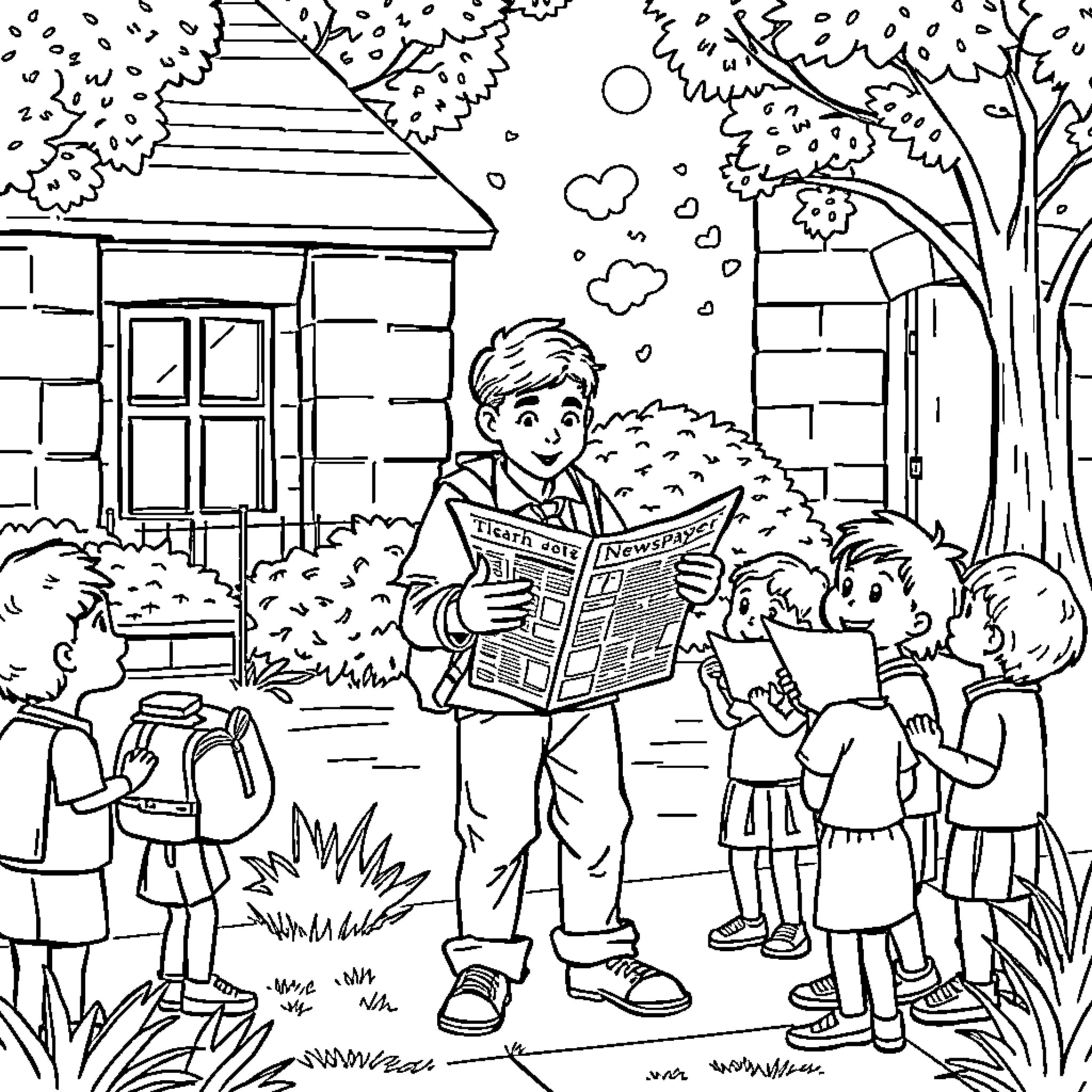 Student Reading the Newspaper with Friends Outdoors Coloring Page (free black-and-white line drawing printable PDF for all, from beginners to advanced learners, including children, teens, adults, and seniors)