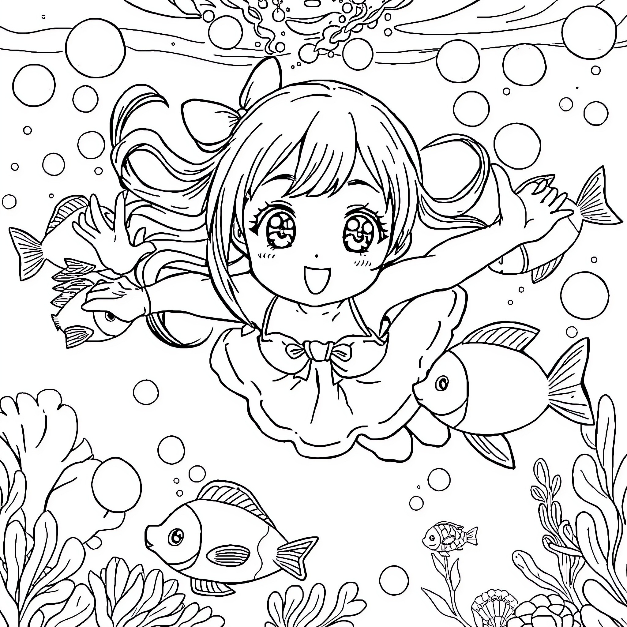 Anime Girl Joyfully Swimming with Colorful Fish Coloring Page (free black-and-white line drawing printable PDF for all, from beginners to advanced learners, including children, teens, adults, and seniors)