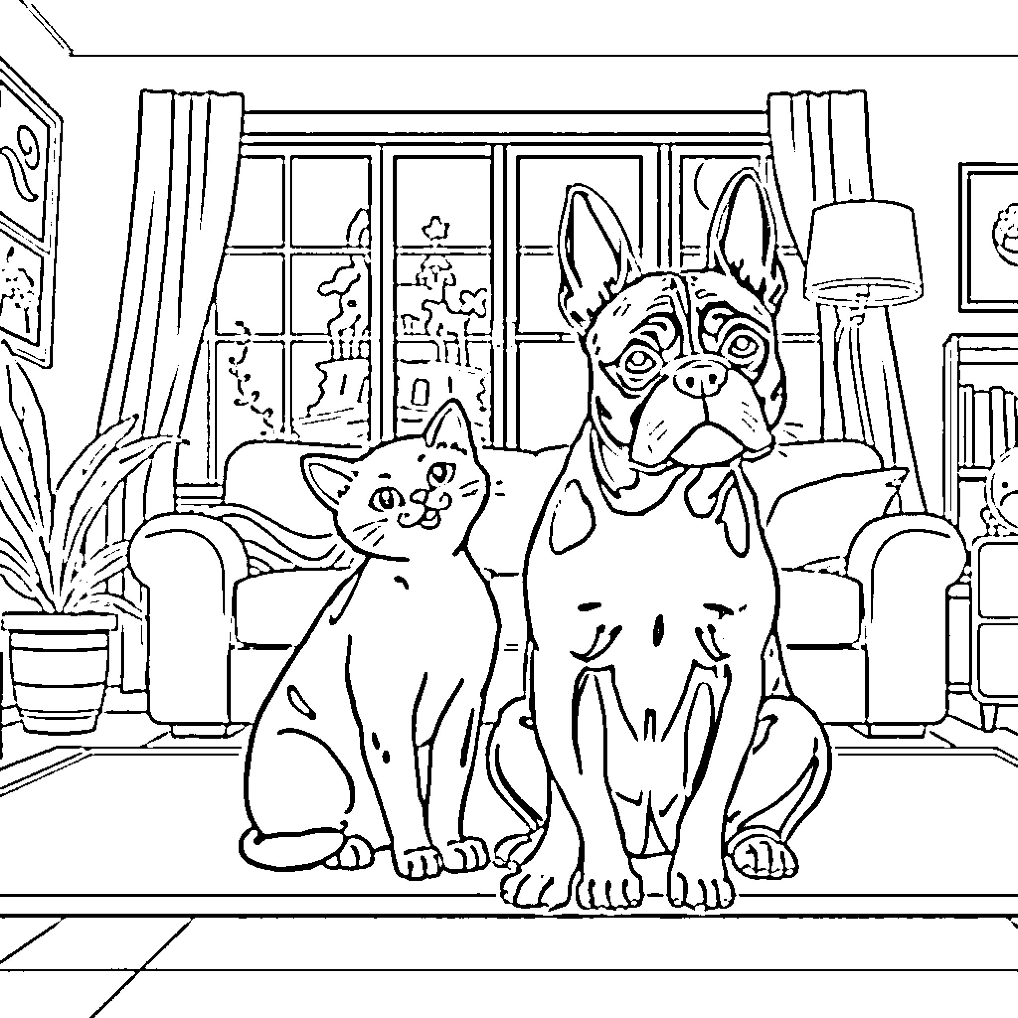 Cat and Dog Sitting Together in Living Room Coloring Page (free black-and-white line drawing printable PDF for all, from beginners to advanced learners, including children, teens, adults, and seniors)