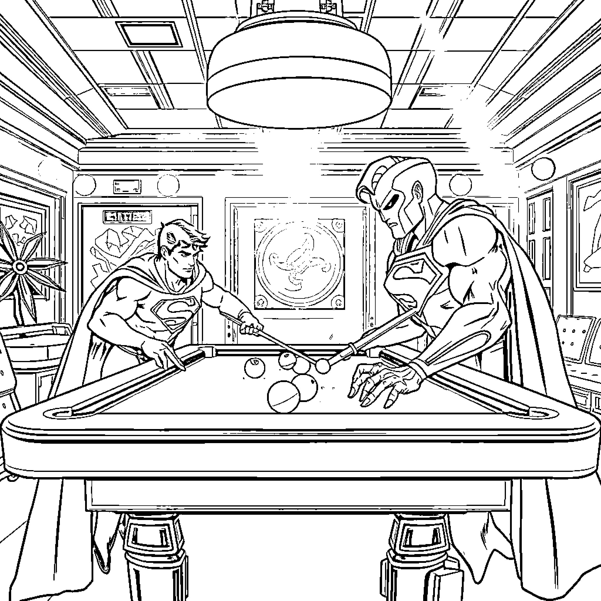 Superman playing pool with a superhero companion Coloring Page (free black-and-white line drawing printable PDF for all, from beginners to advanced learners, including children, teens, adults, and seniors)