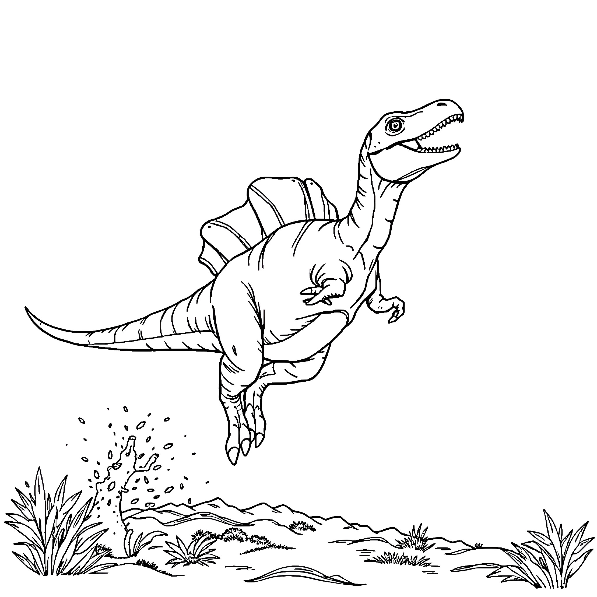 Spinosaurus chasing prey through prehistoric landscape Coloring Page (free black-and-white line drawing printable PDF for all, from beginners to advanced learners, including children, teens, adults, and seniors)