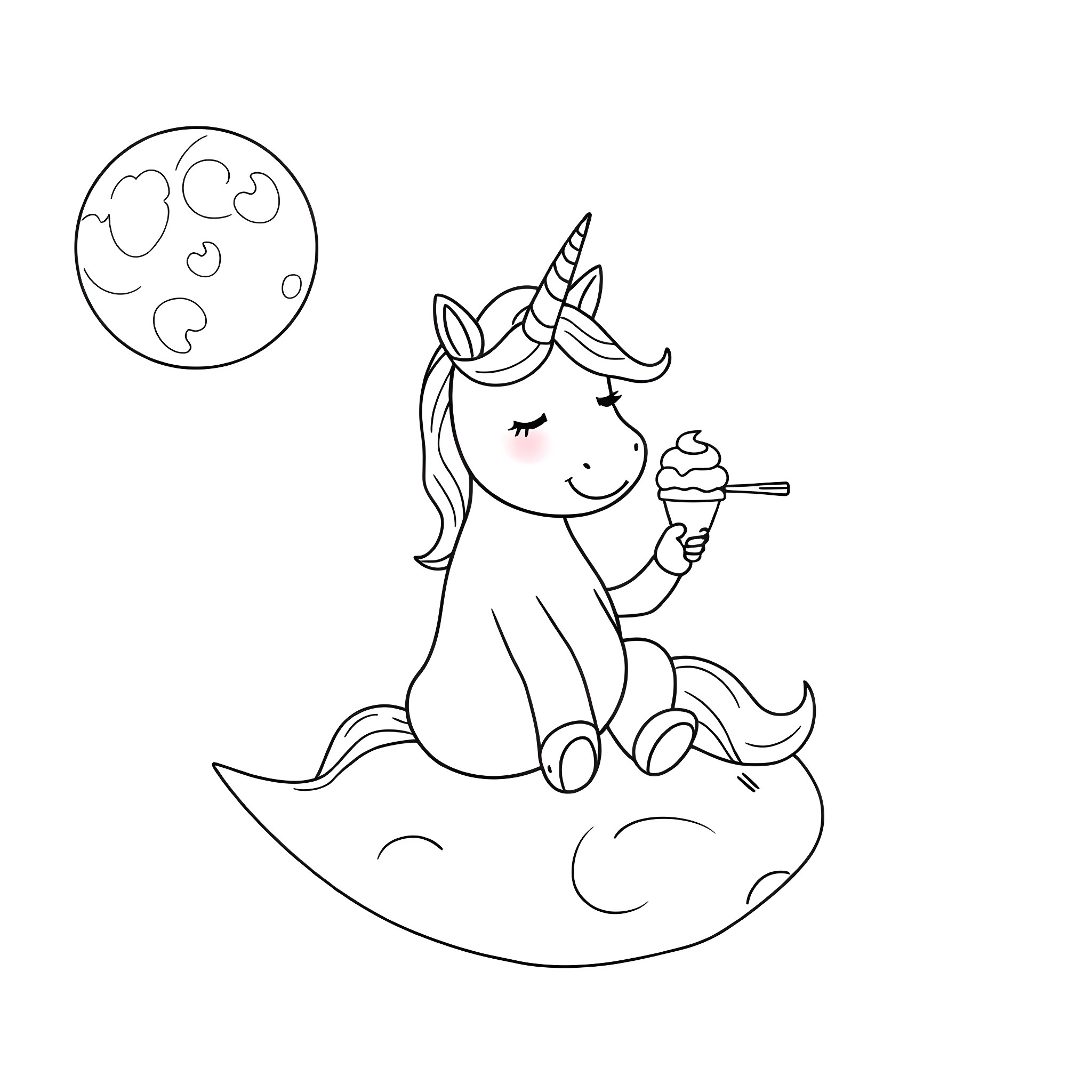 Unicorn enjoying a sweet treat under the moonlight Coloring Page (free black-and-white line drawing printable PDF for all, from beginners to advanced learners, including children, teens, adults, and seniors)