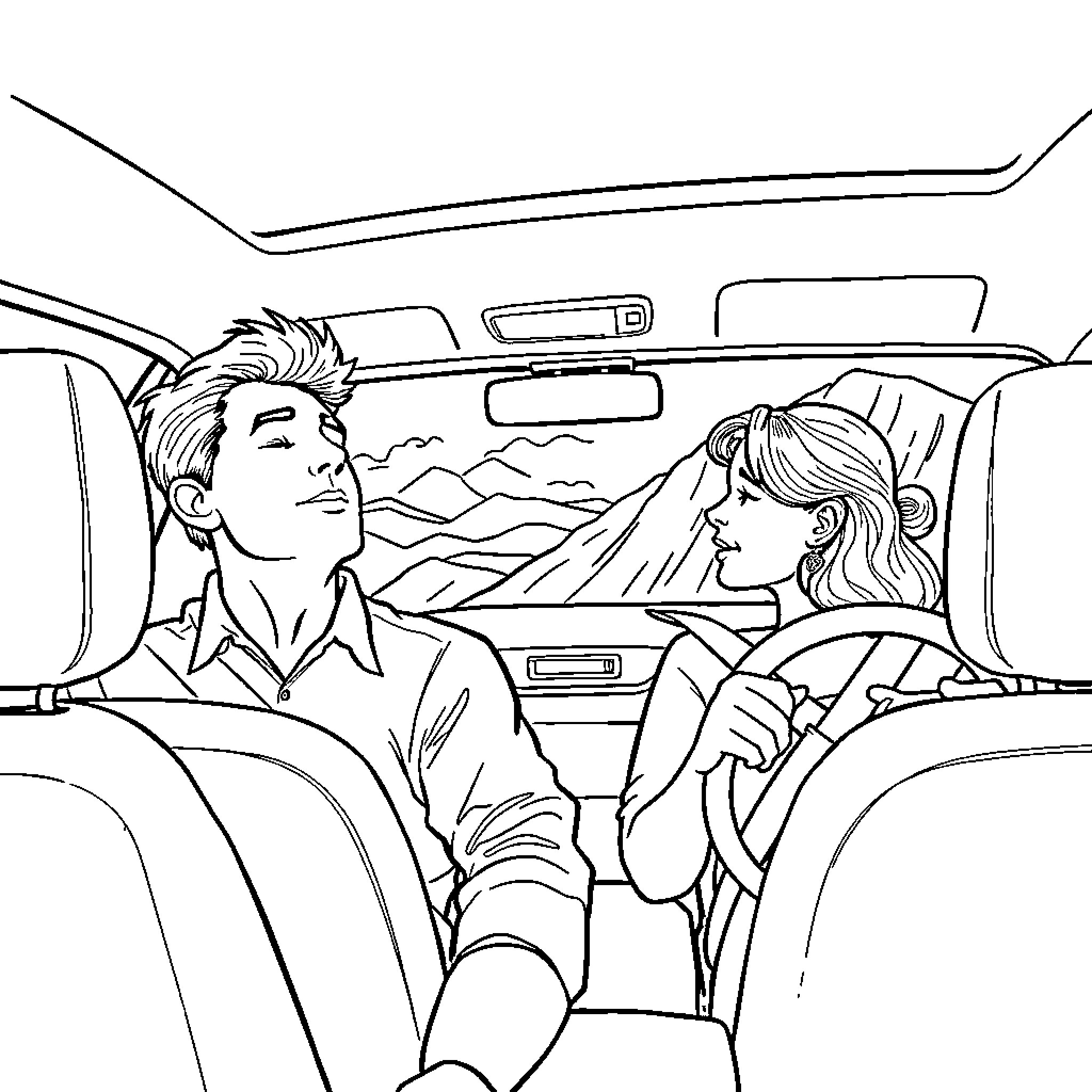 Car ride with couple enjoying conversation Coloring Page (free black-and-white line drawing printable PDF for all, from beginners to advanced learners, including children, teens, adults, and seniors)
