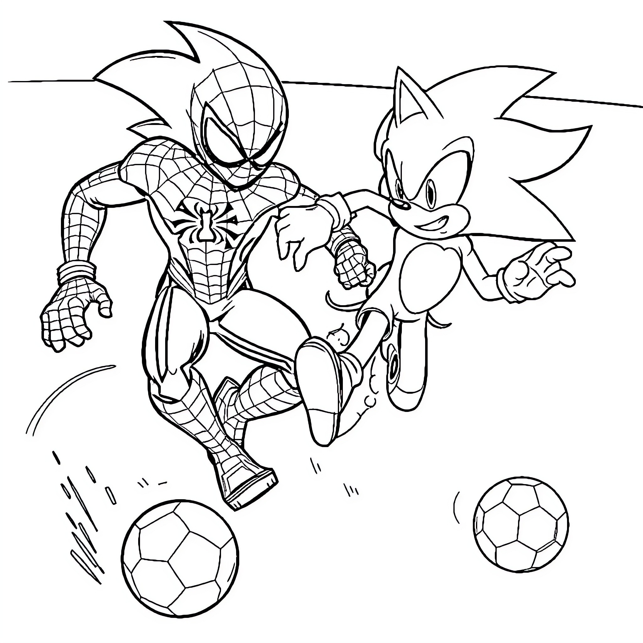Spiderman and Sonic playing soccer together Coloring Page (free black-and-white line drawing printable PDF for all, from beginners to advanced learners, including children, teens, adults, and seniors)