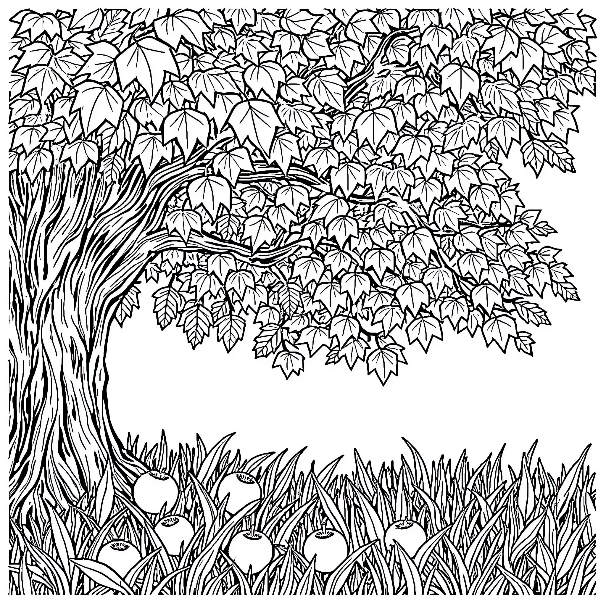 Leaf-covered tree and grassy meadow Coloring Page (free black-and-white line drawing printable PDF for all, from beginners to advanced learners, including children, teens, adults, and seniors)