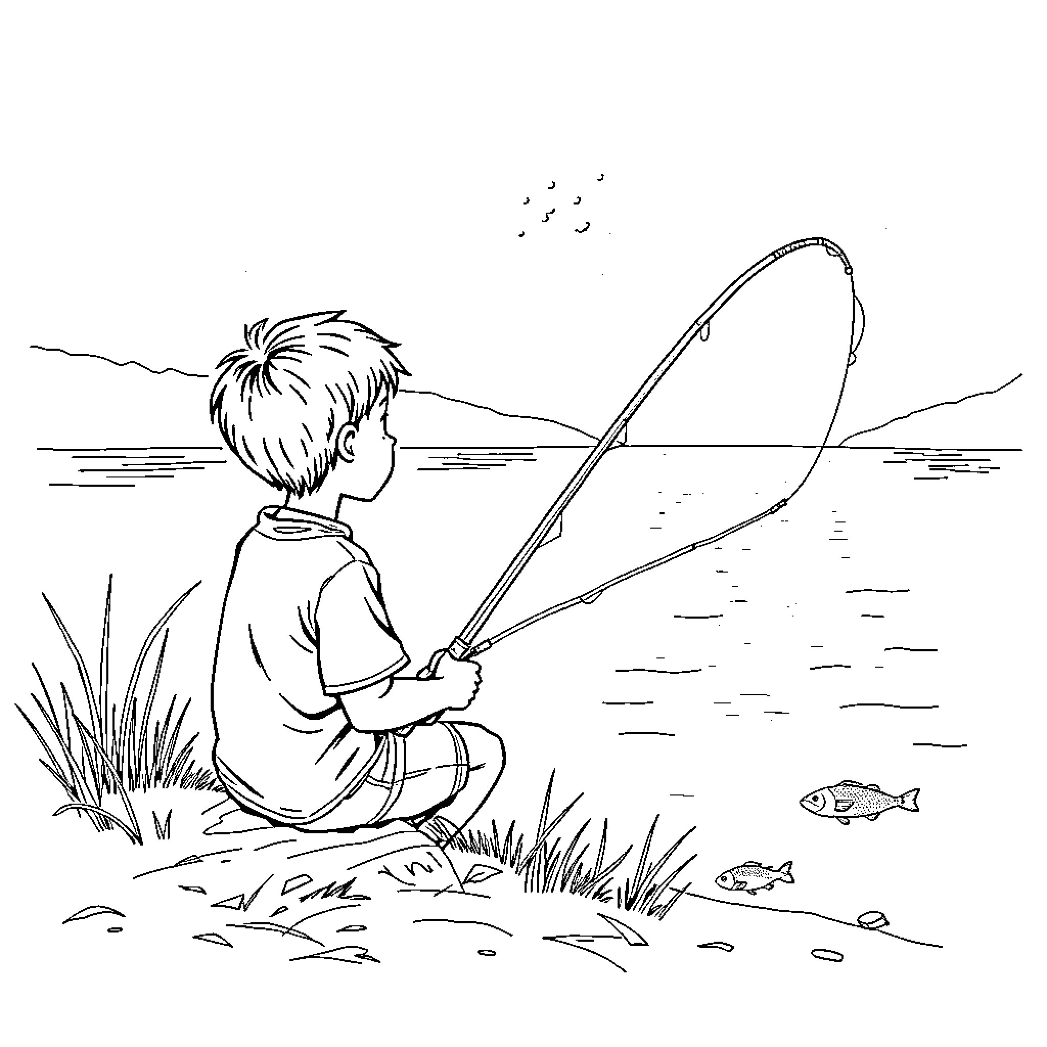 Boy fishing by the lake Coloring Page (free black-and-white line drawing printable PDF for all, from beginners to advanced learners, including children, teens, adults, and seniors)