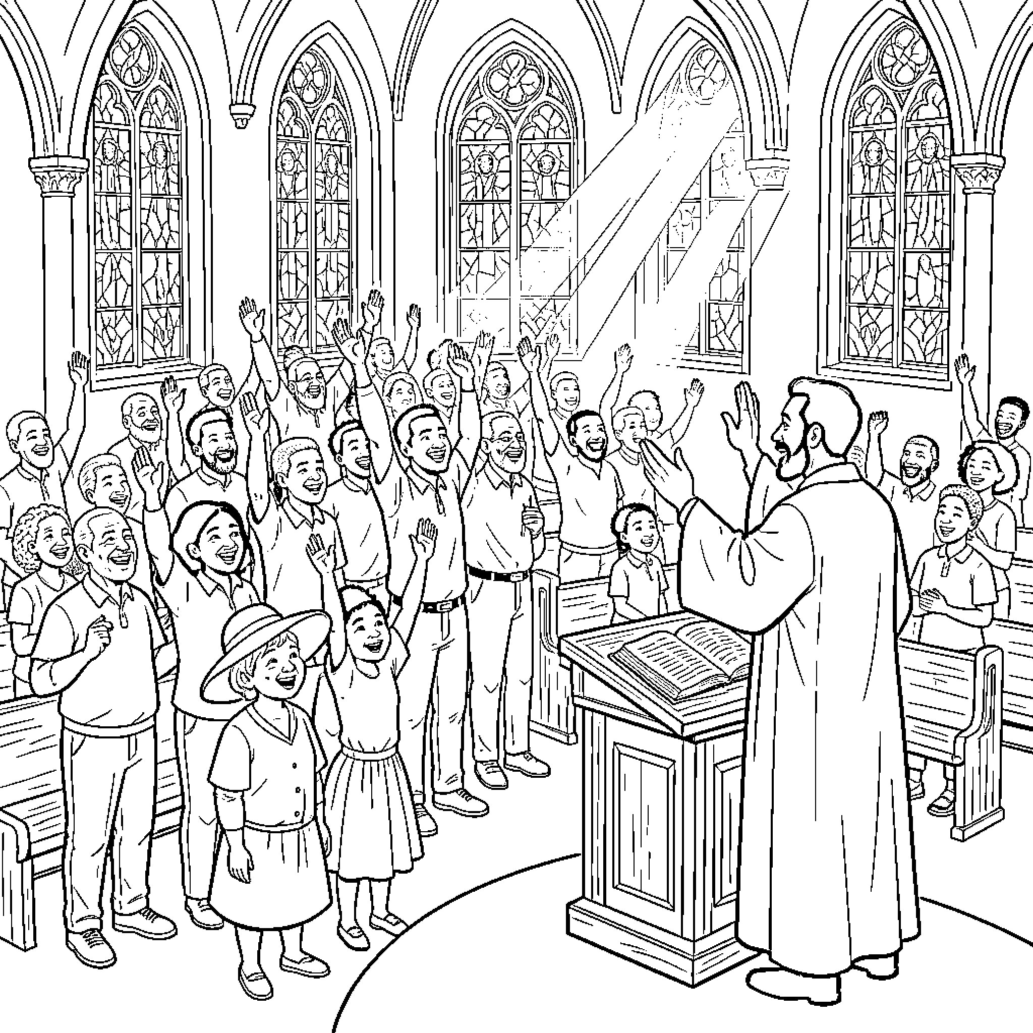 Congregation praising and singing inside a church Coloring Page (free black-and-white line drawing printable PDF for all, from beginners to advanced learners, including children, teens, adults, and seniors)