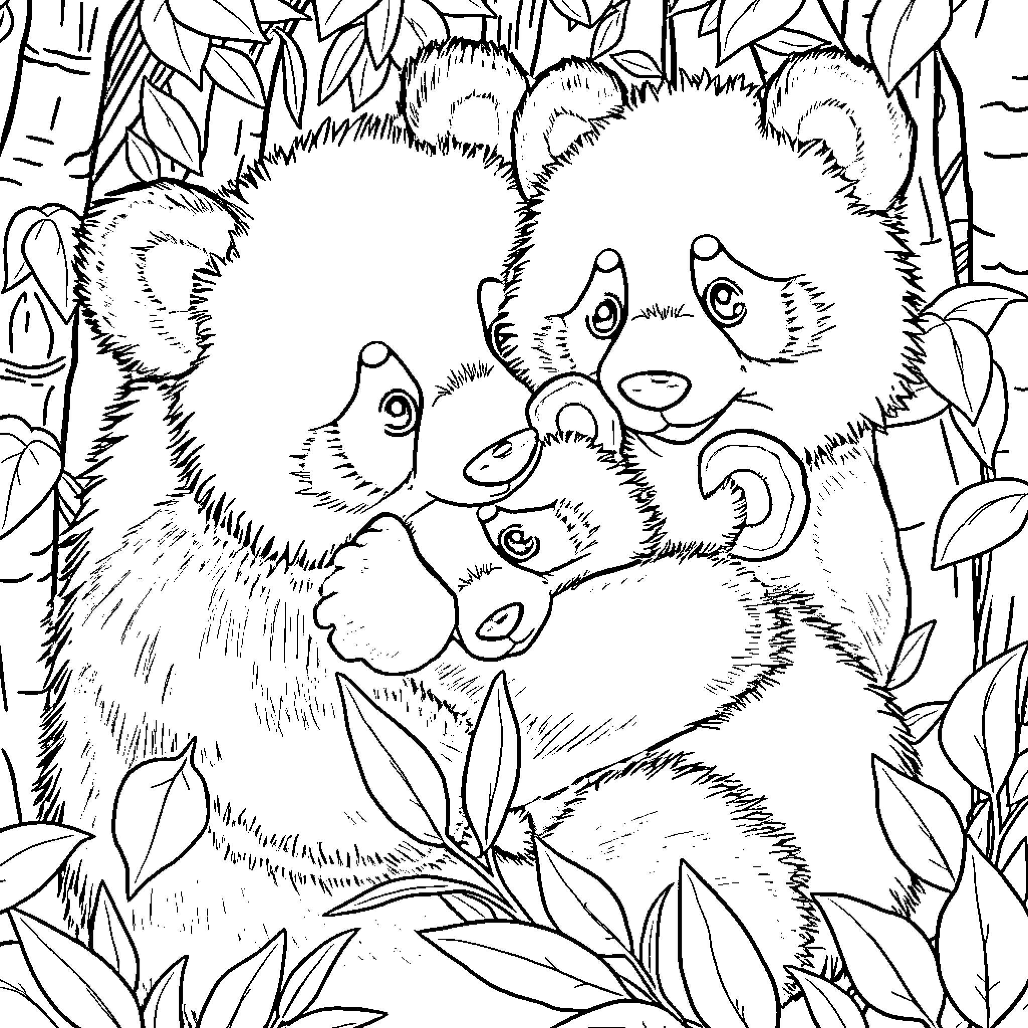 Panda Bears Cuddling in the Jungle Coloring Page (free black-and-white line drawing printable PDF for all, from beginners to advanced learners, including children, teens, adults, and seniors)