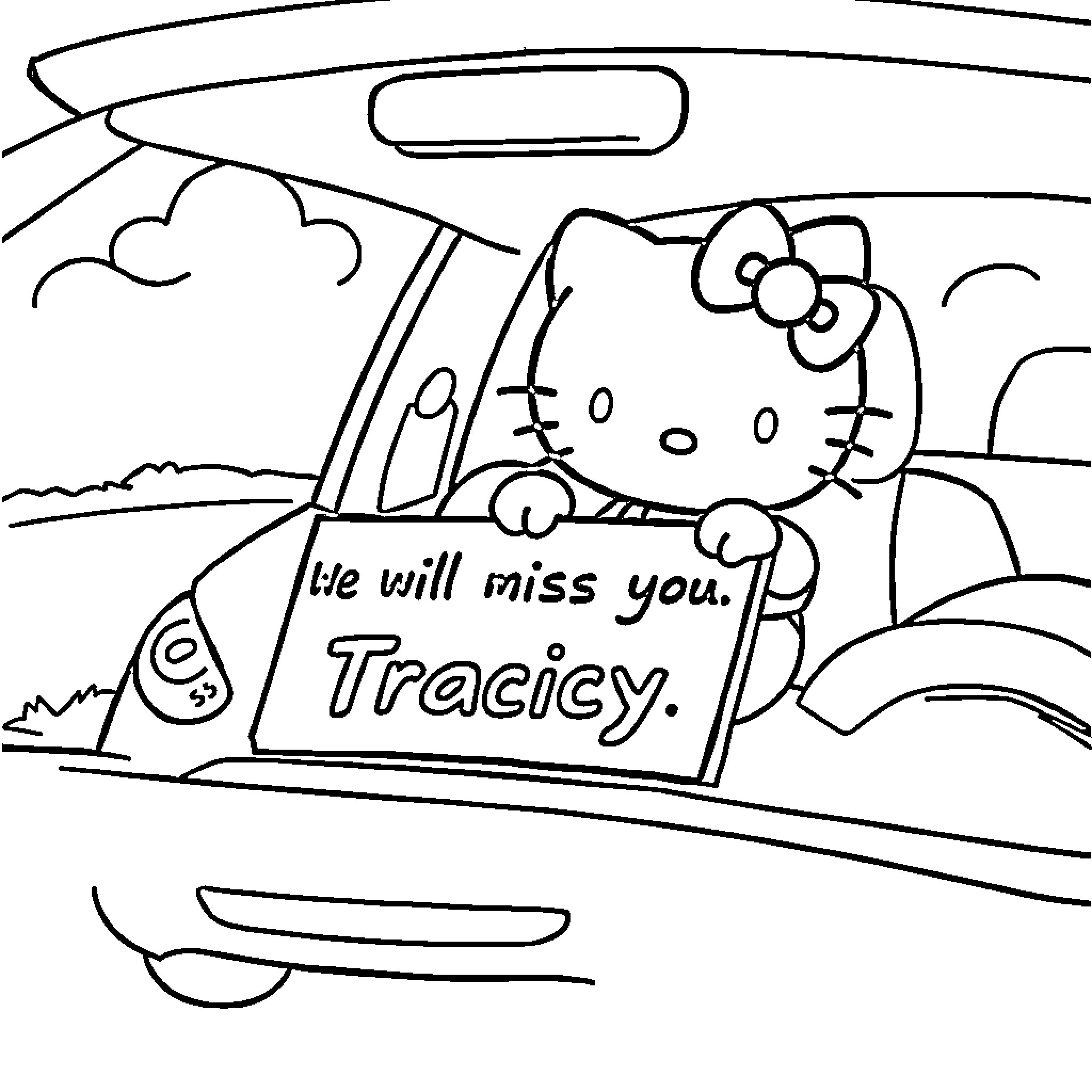 Hello Kitty misses you, Tracicy Coloring Page (free black-and-white line drawing printable PDF for all, from beginners to advanced learners, including children, teens, adults, and seniors)