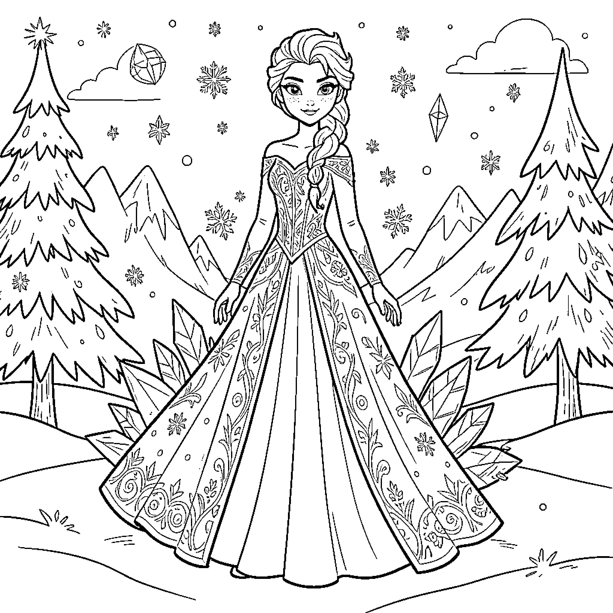 Elsa standing gracefully in a snowy mountain landscape Coloring Page (free black-and-white line drawing printable PDF for all, from beginners to advanced learners, including children, teens, adults, and seniors)