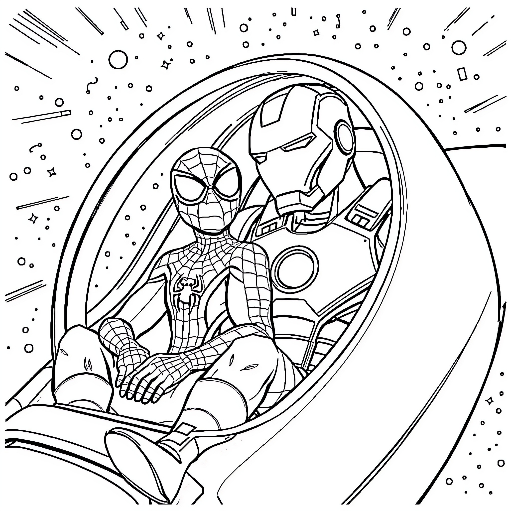 Spider-Man and Iron Man's Cosmic Adventure Coloring Page (free black-and-white line drawing printable PDF for all, from beginners to advanced learners, including children, teens, adults, and seniors)