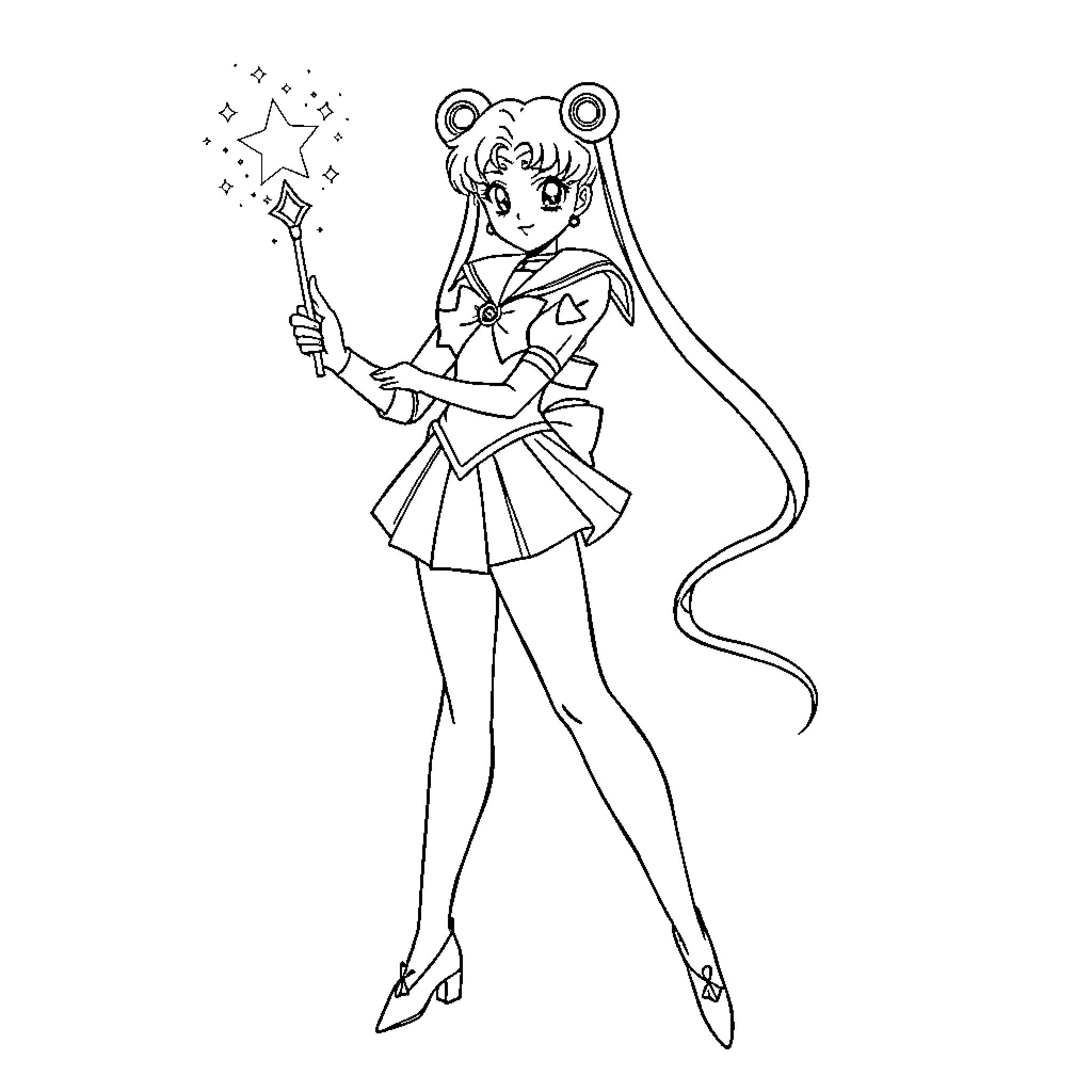 Sailor Moon casting a magical spell Coloring Page (free black-and-white line drawing printable PDF for all, from beginners to advanced learners, including children, teens, adults, and seniors)