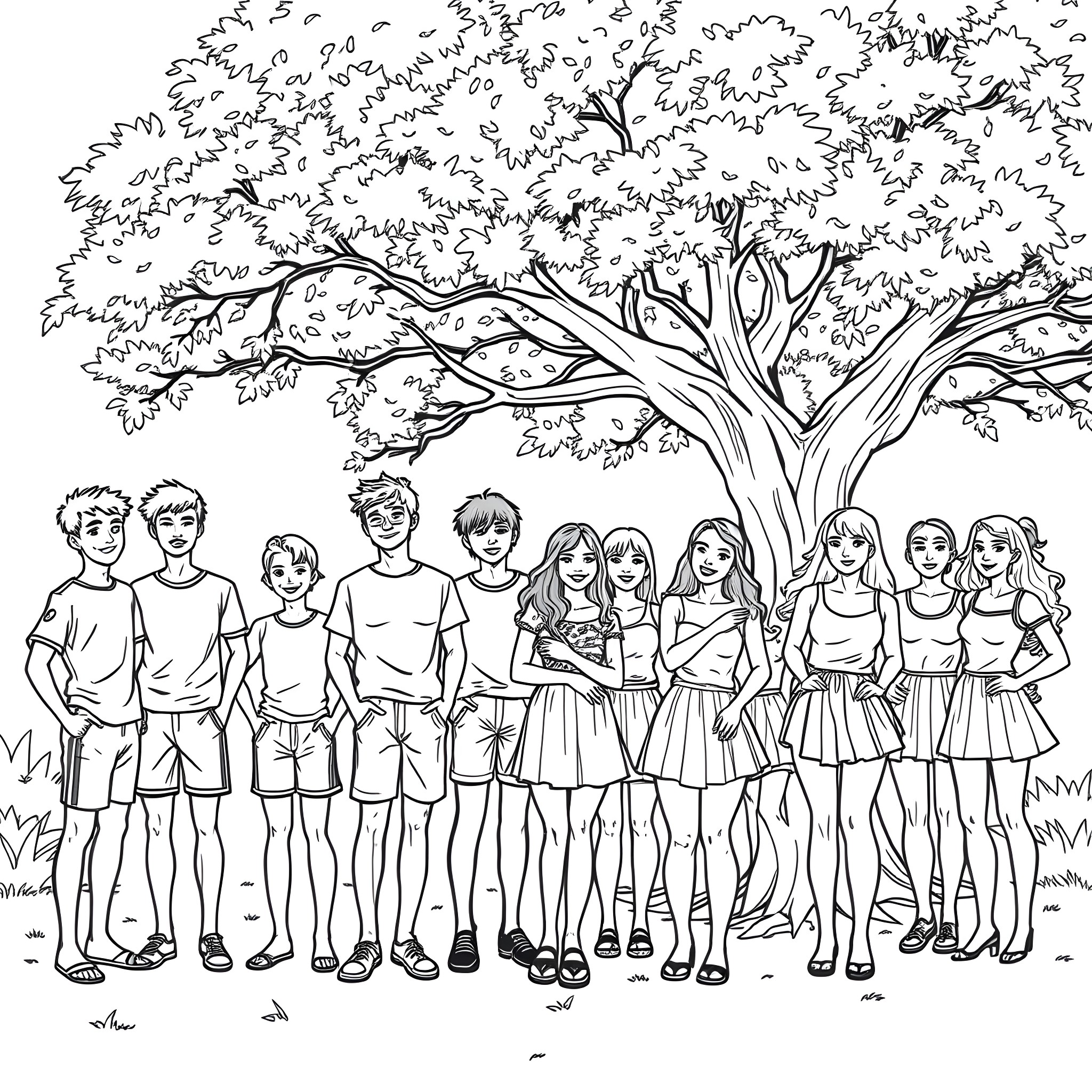 People posing together in a peaceful nature scene Coloring Page (free black-and-white line drawing printable PDF for all, from beginners to advanced learners, including children, teens, adults, and seniors)