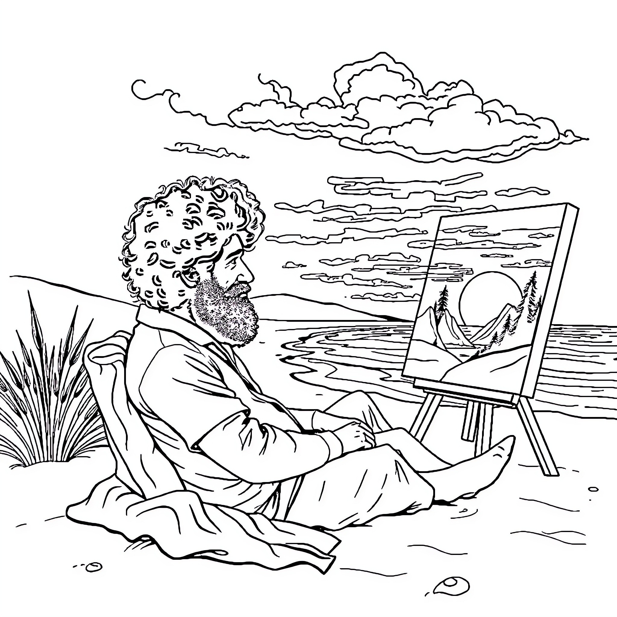 Bob Ross painting a serene landscape with easel Coloring Page (free black-and-white line drawing printable PDF for all, from beginners to advanced learners, including children, teens, adults, and seniors)
