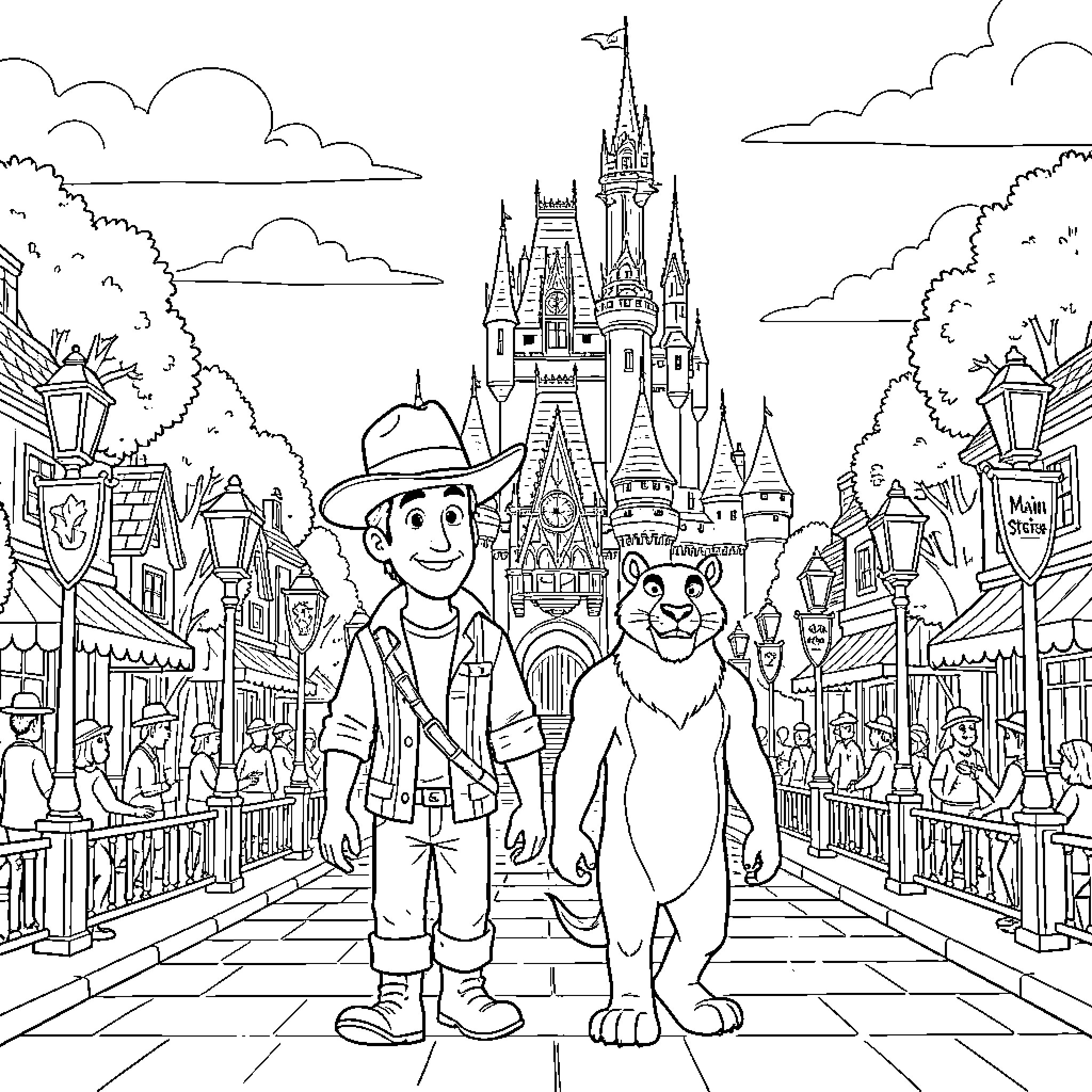 Woody standing smiling with a large lion in front of a castle Coloring Page (free black-and-white line drawing printable PDF for all, from beginners to advanced learners, including children, teens, adults, and seniors)