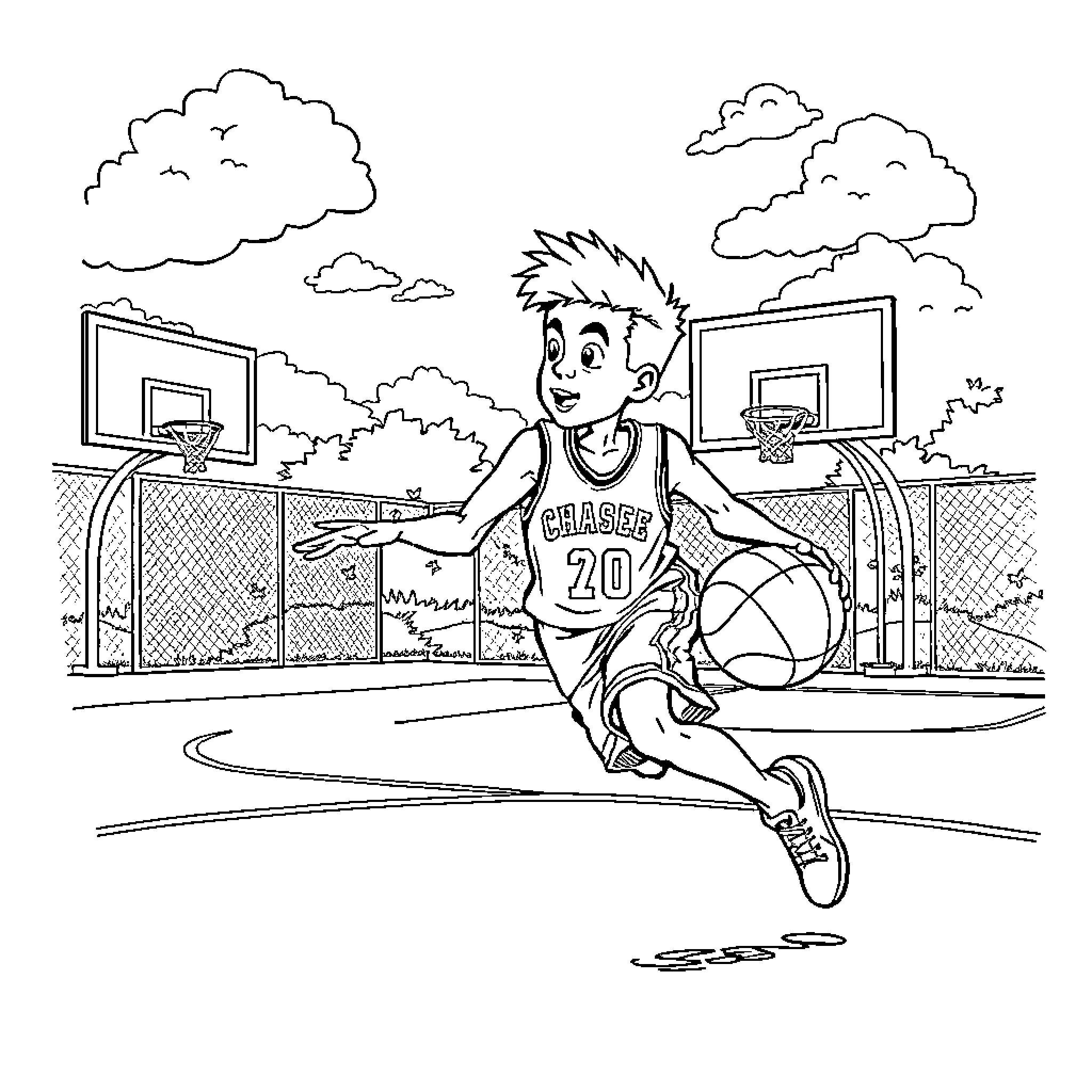 Chase on the Basketball Court Coloring Page (free black-and-white line drawing printable PDF for all, from beginners to advanced learners, including children, teens, adults, and seniors)