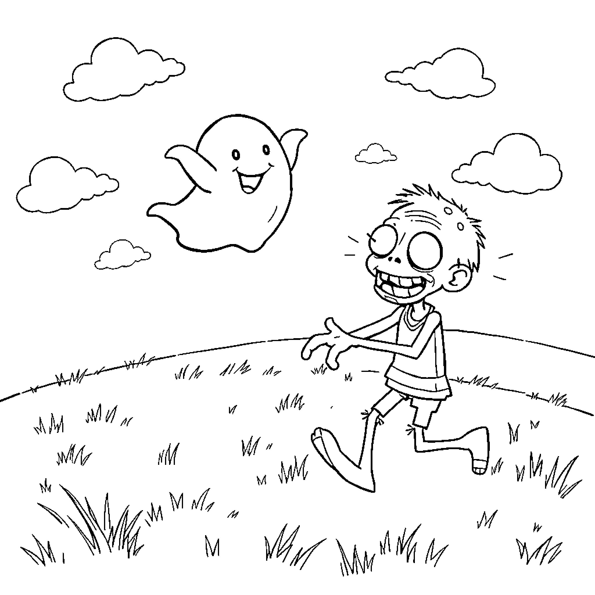 Ghost chasing scared man in the field Coloring Page (free black-and-white line drawing printable PDF for all, from beginners to advanced learners, including children, teens, adults, and seniors)