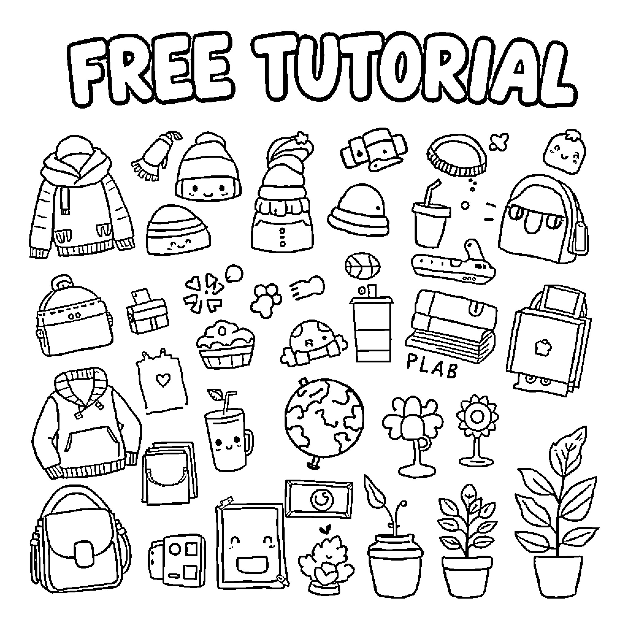 Kawaii Items with Playful Designs and Expressions Coloring Page (free black-and-white line drawing printable PDF for all, from beginners to advanced learners, including children, teens, adults, and seniors)