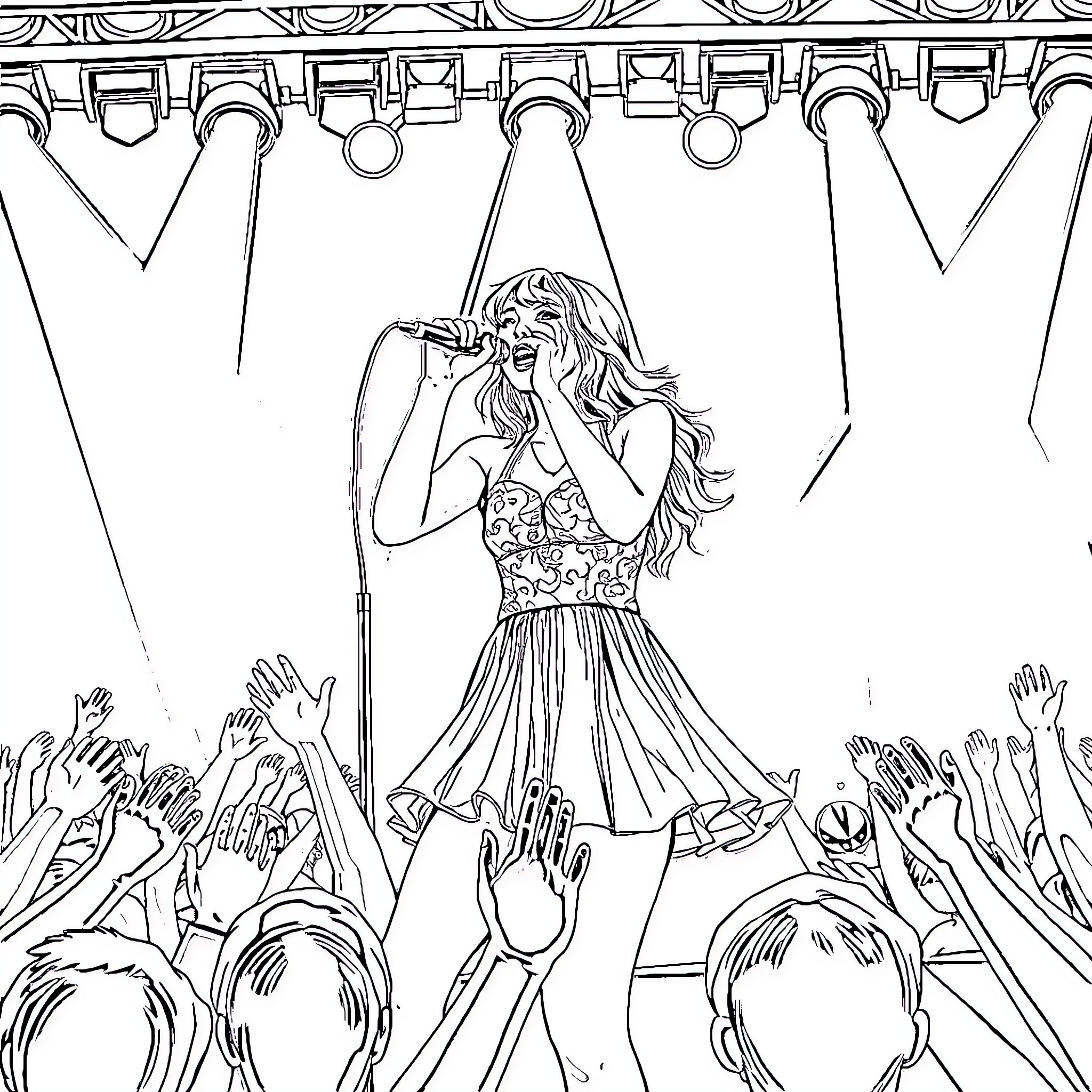 Taylor Swift Performing Energetically on Stage Coloring Page (free black-and-white line drawing printable PDF for all, from beginners to advanced learners, including children, teens, adults, and seniors)