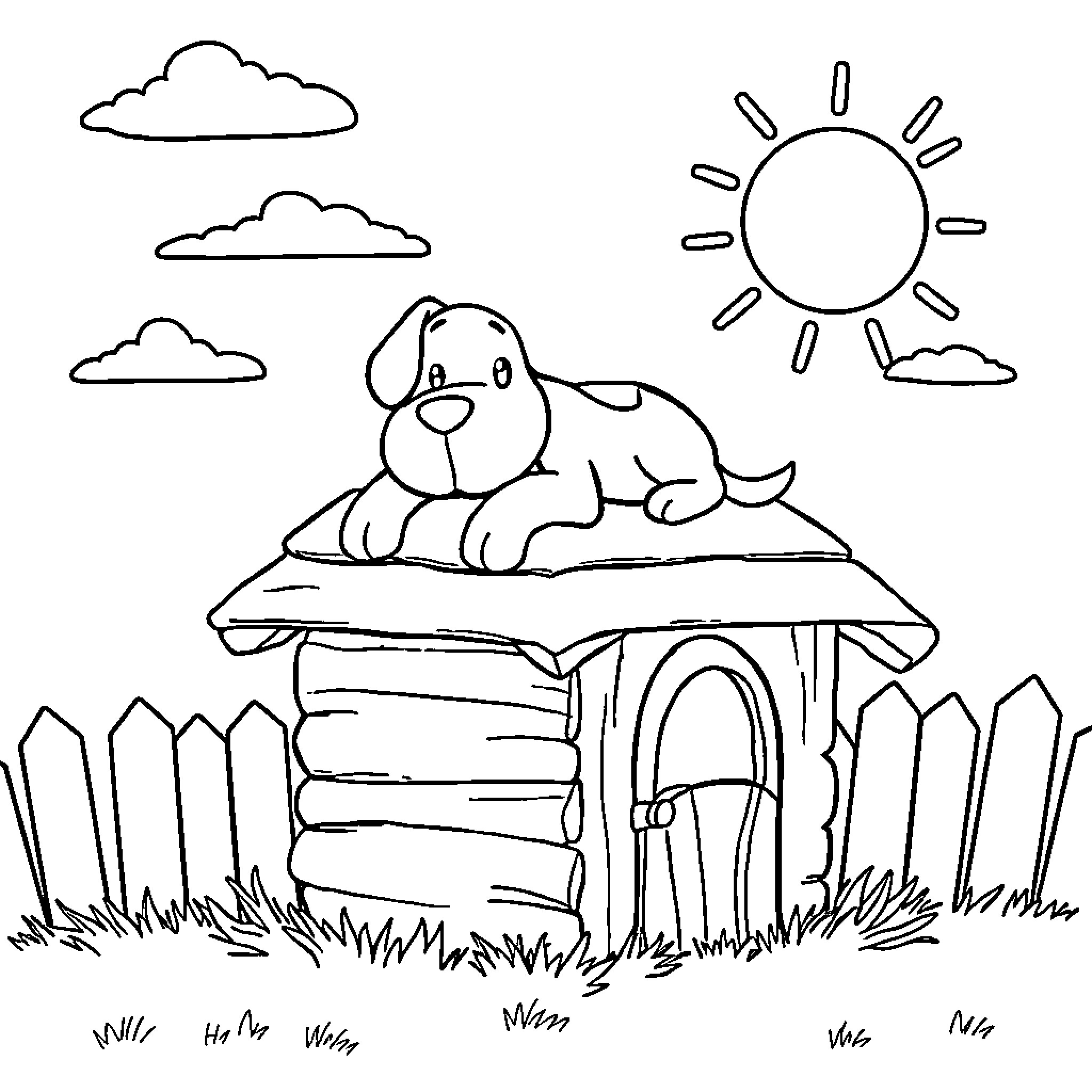 Snoopy resting in his dog house on a sunny day Coloring Page (free black-and-white line drawing printable PDF for all, from beginners to advanced learners, including children, teens, adults, and seniors)
