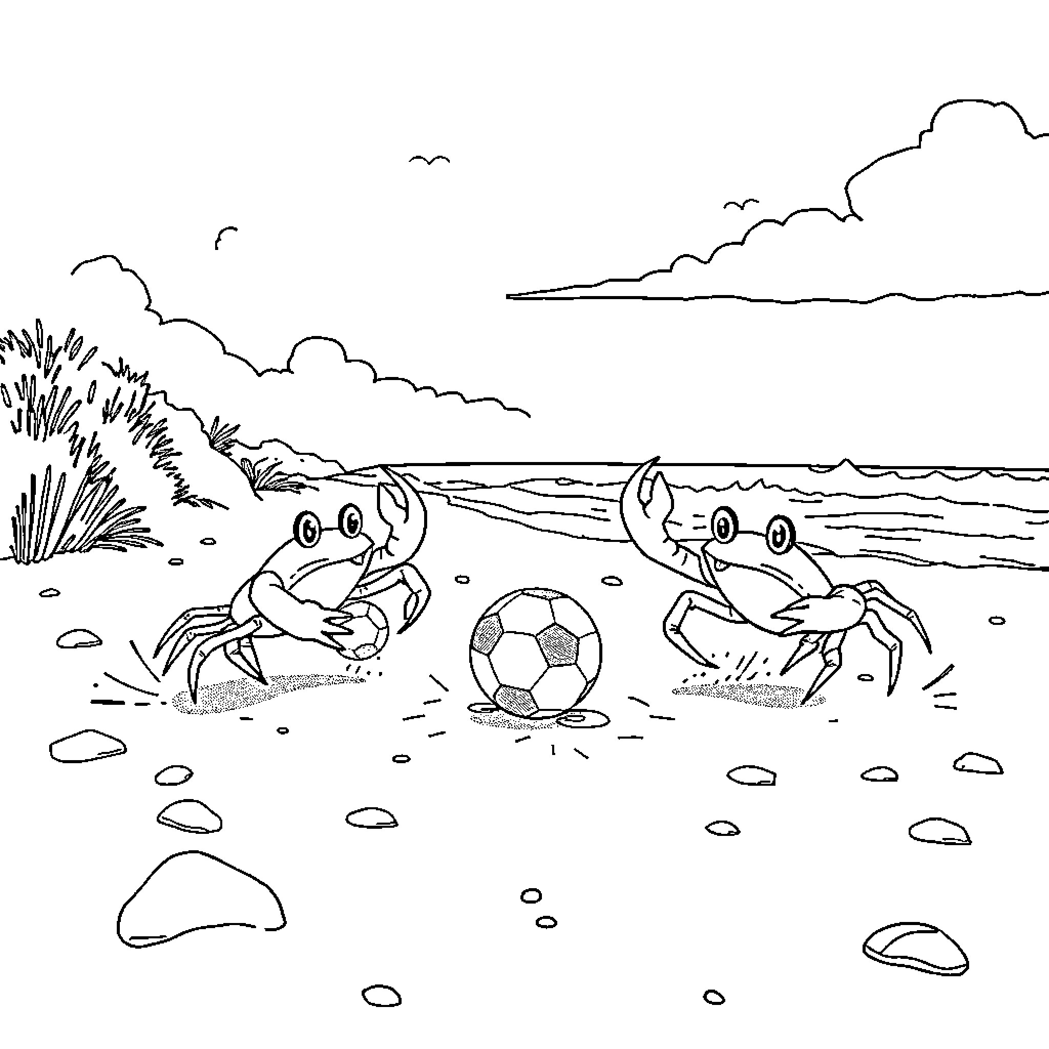 Crabs playing with soccer ball on the beach Coloring Page (free black-and-white line drawing printable PDF for all, from beginners to advanced learners, including children, teens, adults, and seniors)