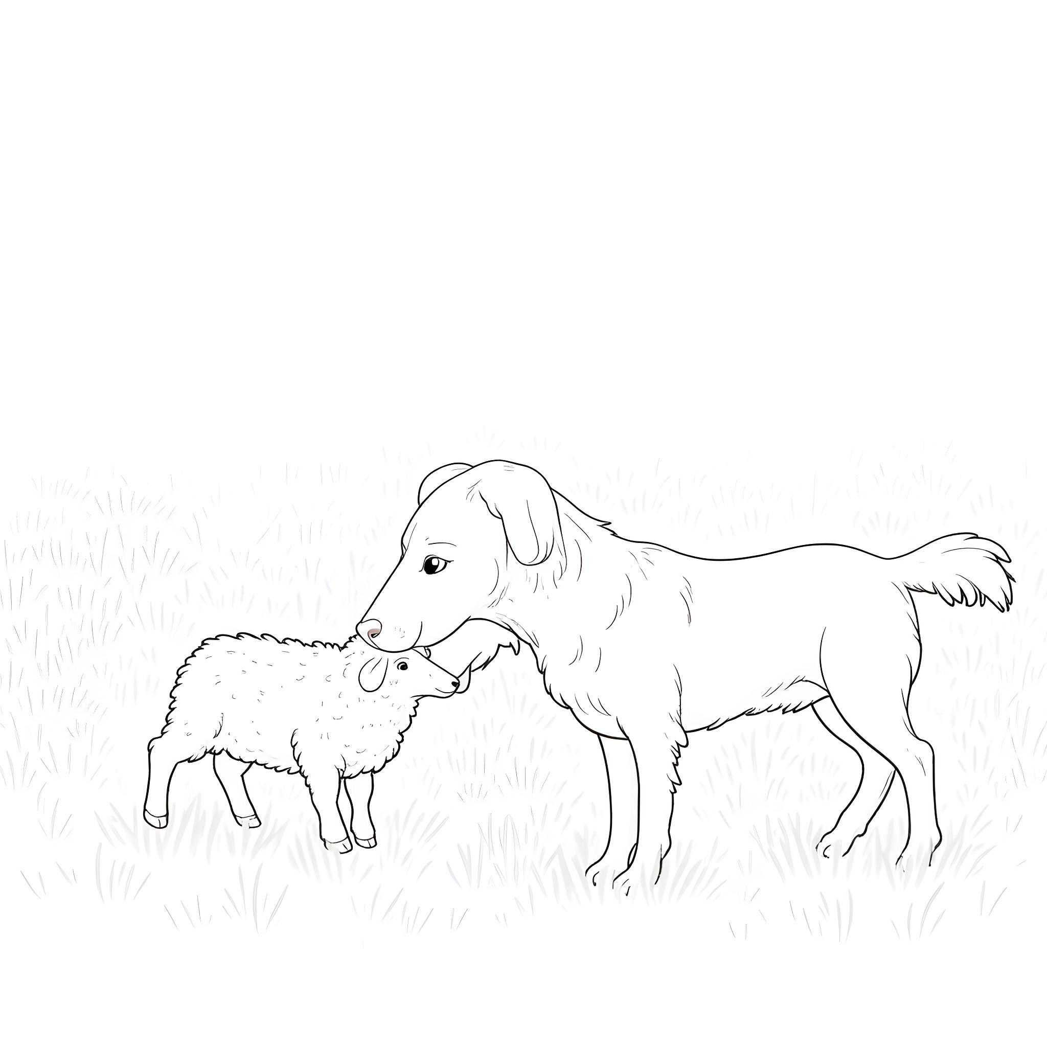 Dog caring for a young animal Coloring Page (free black-and-white line drawing printable PDF for all, from beginners to advanced learners, including children, teens, adults, and seniors)