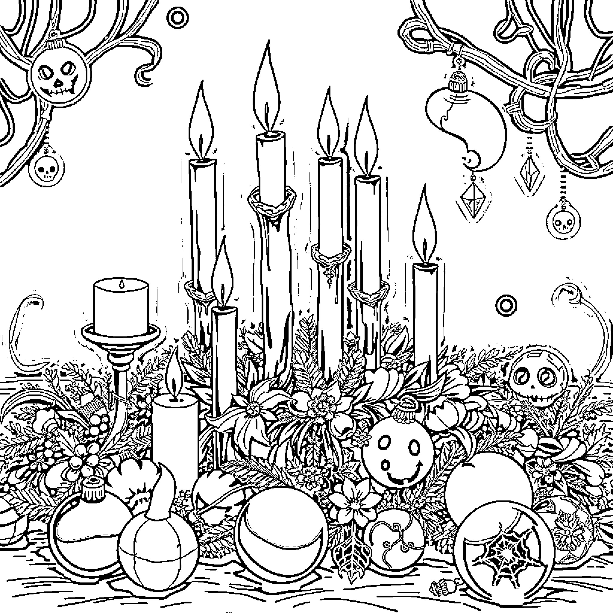 Goth Christmas scene with candles, ornaments, and skulls Coloring Page (free black-and-white line drawing printable PDF for all, from beginners to advanced learners, including children, teens, adults, and seniors)