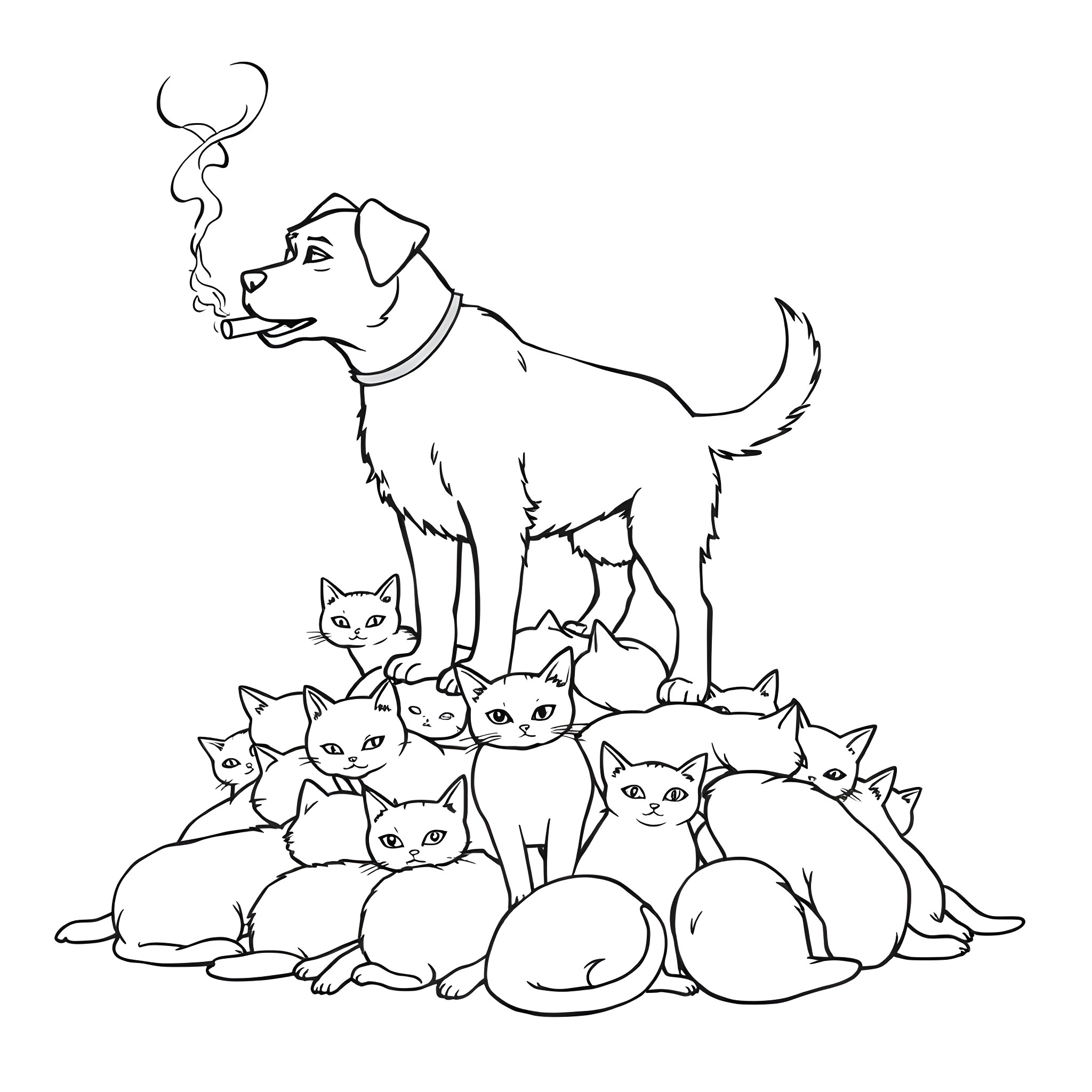 Dog surrounded by curious kittens Coloring Page (free black-and-white line drawing printable PDF for all, from beginners to advanced learners, including children, teens, adults, and seniors)