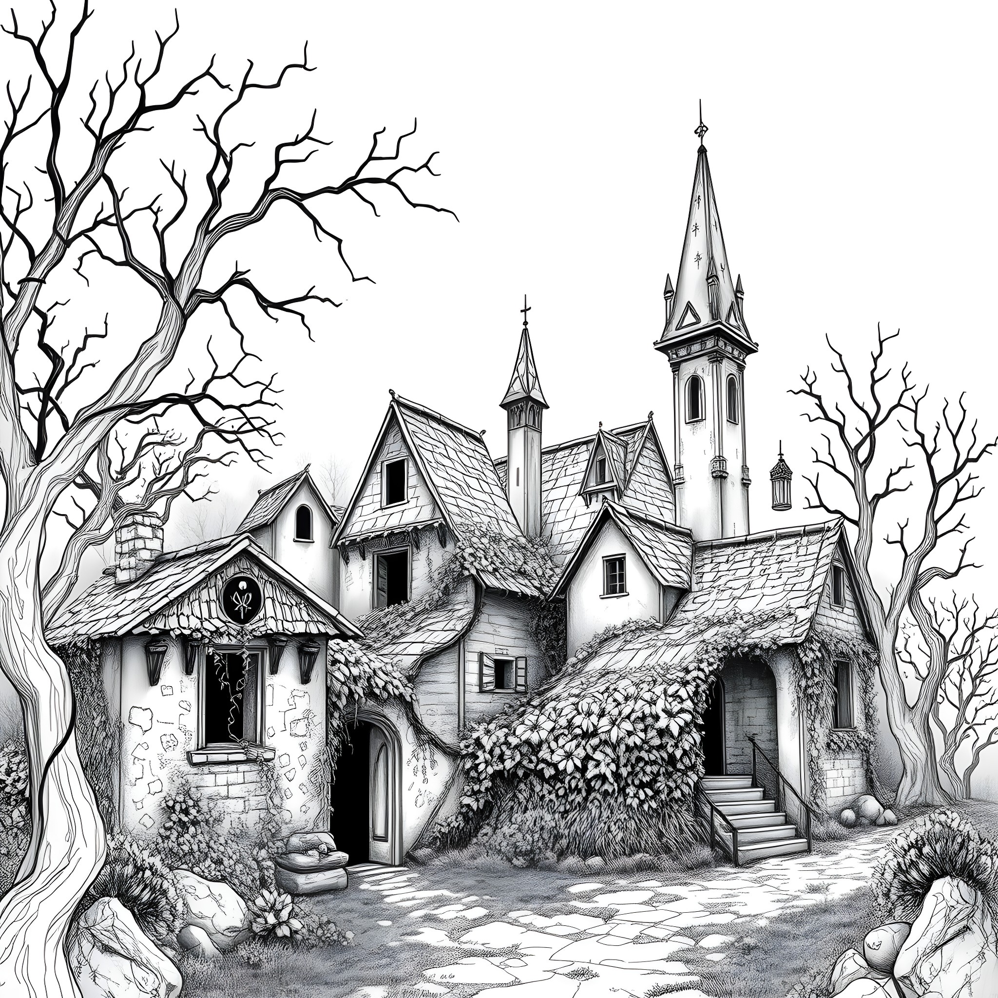Wendigo's Haunting Abode: A Gothic Castle Shrouded in Twisted Branches Coloring Page (free black-and-white line drawing printable PDF for all, from beginners to advanced learners, including children, teens, adults, and seniors)