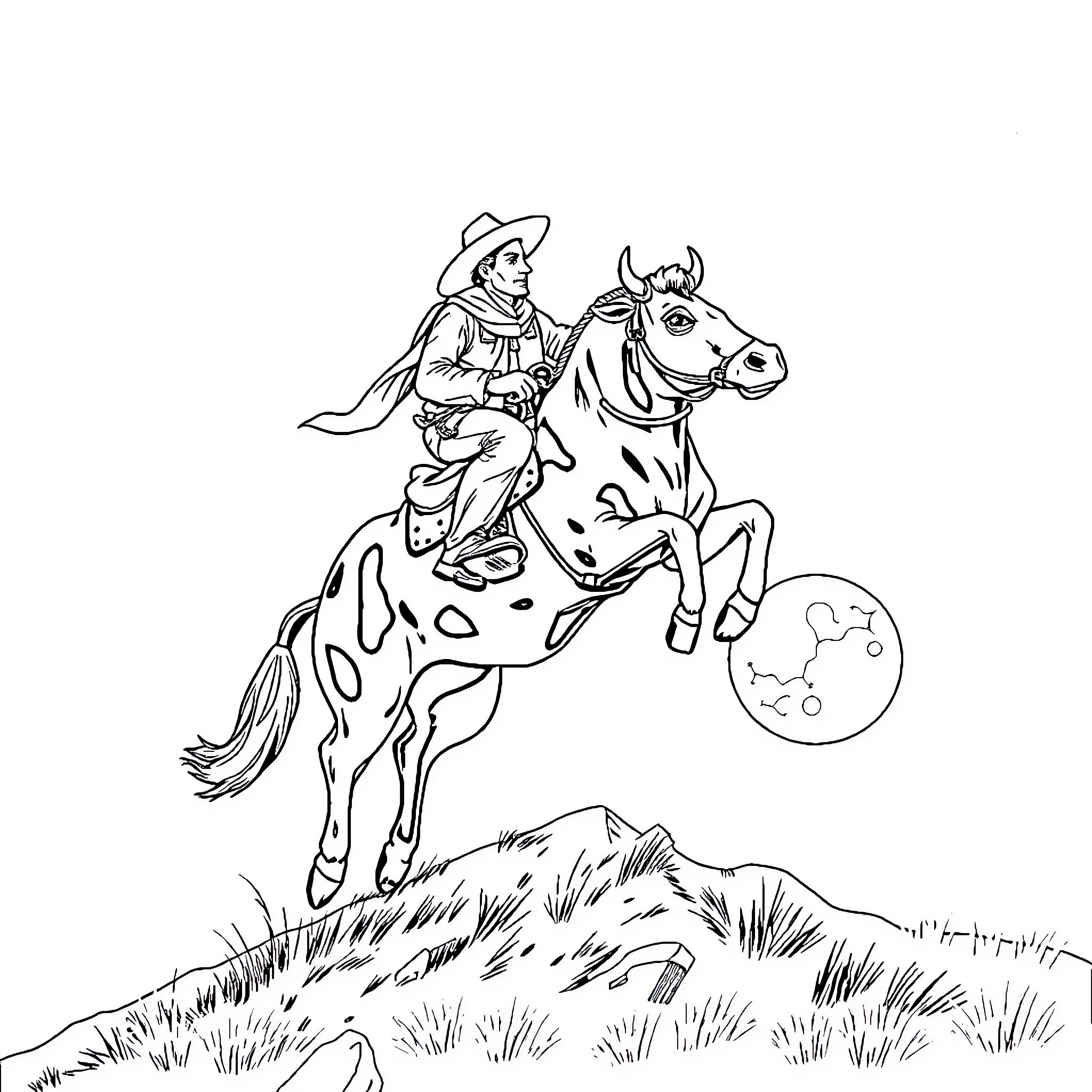 Cowboy riding horse on ranch Coloring Page (free black-and-white line drawing printable PDF for all, from beginners to advanced learners, including children, teens, adults, and seniors)