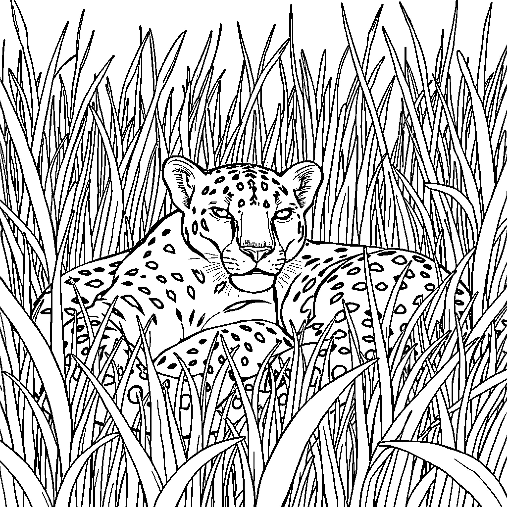 Florida Panther Resting in Tall Grass Coloring Page (free black-and-white line drawing printable PDF for all, from beginners to advanced learners, including children, teens, adults, and seniors)
