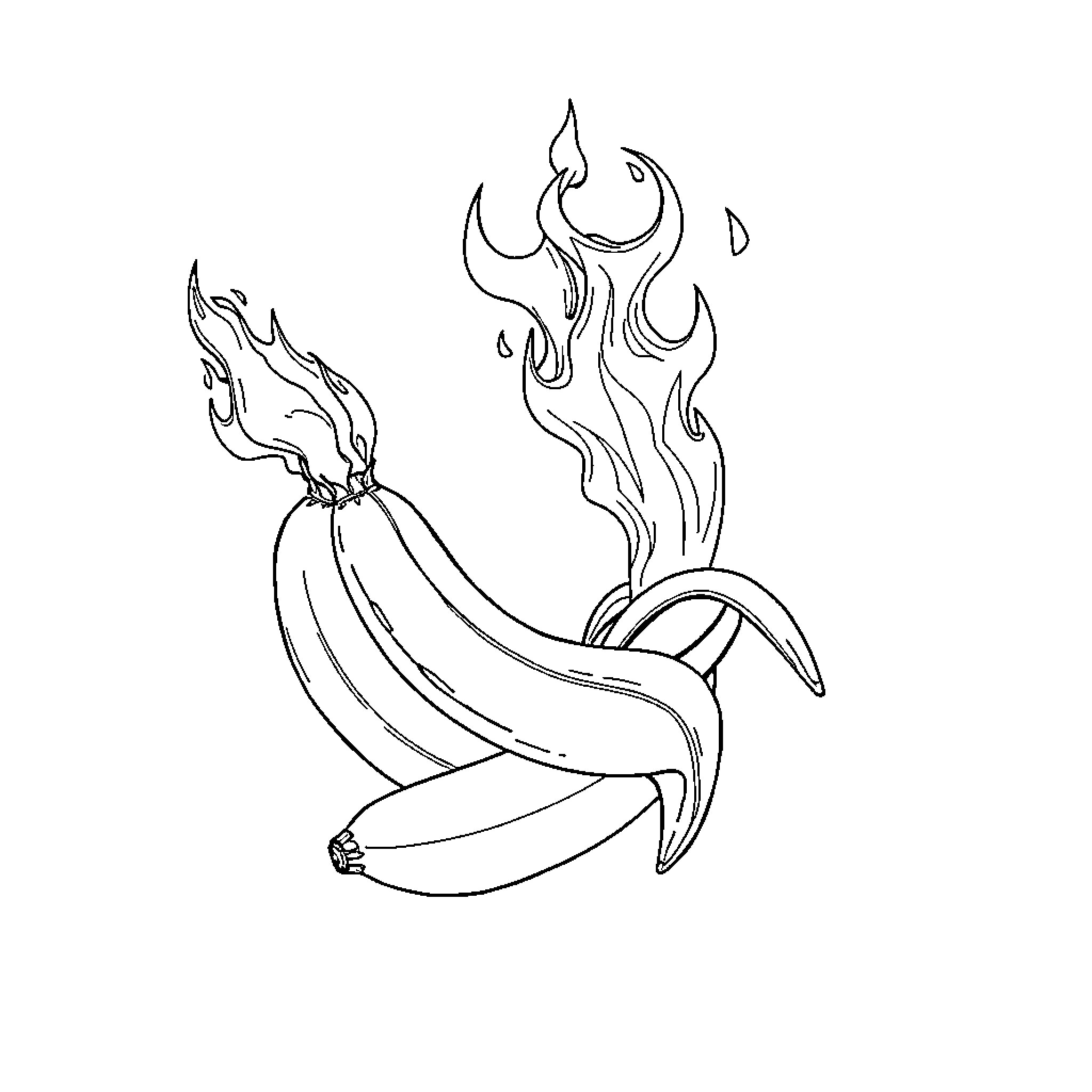 Banana on fire with surreal flames Coloring Page (free black-and-white line drawing printable PDF for all, from beginners to advanced learners, including children, teens, adults, and seniors)
