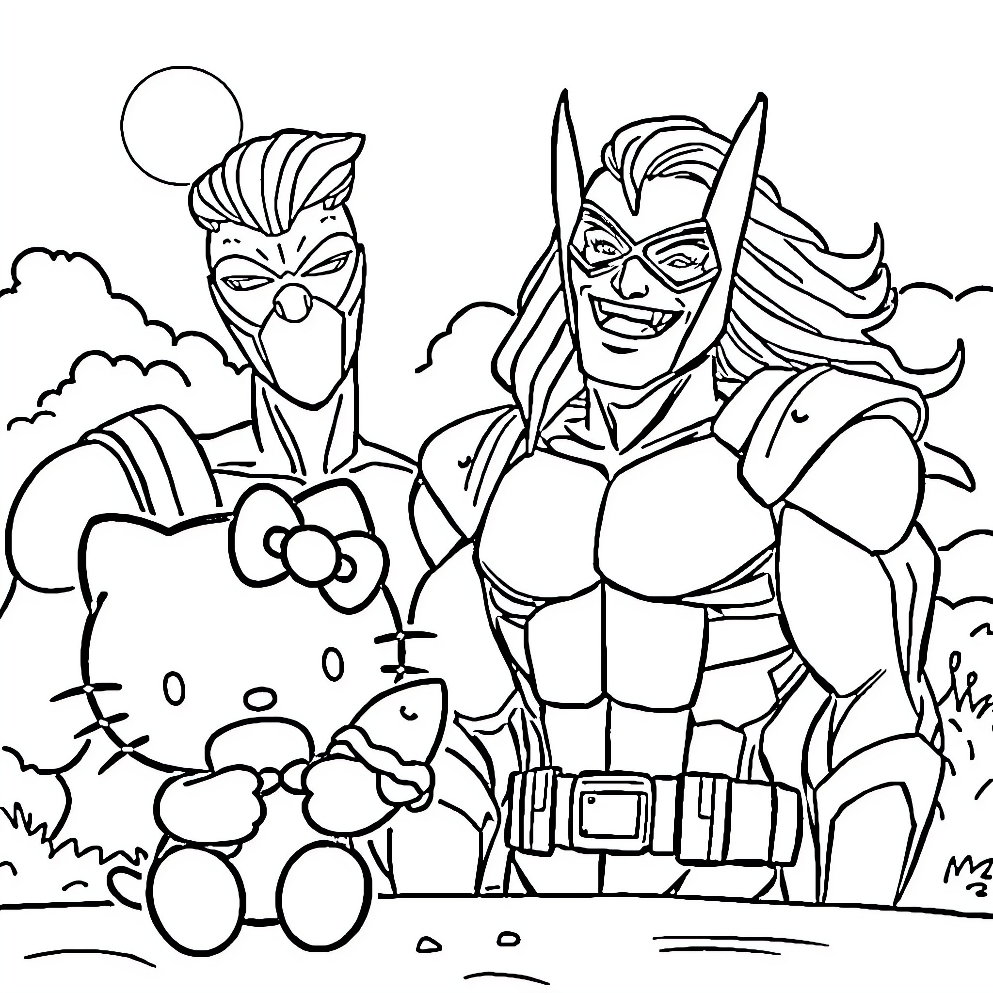Hello Kitty's Superhero Friends on an Adventure Coloring Page (free black-and-white line drawing printable PDF for all, from beginners to advanced learners, including children, teens, adults, and seniors)
