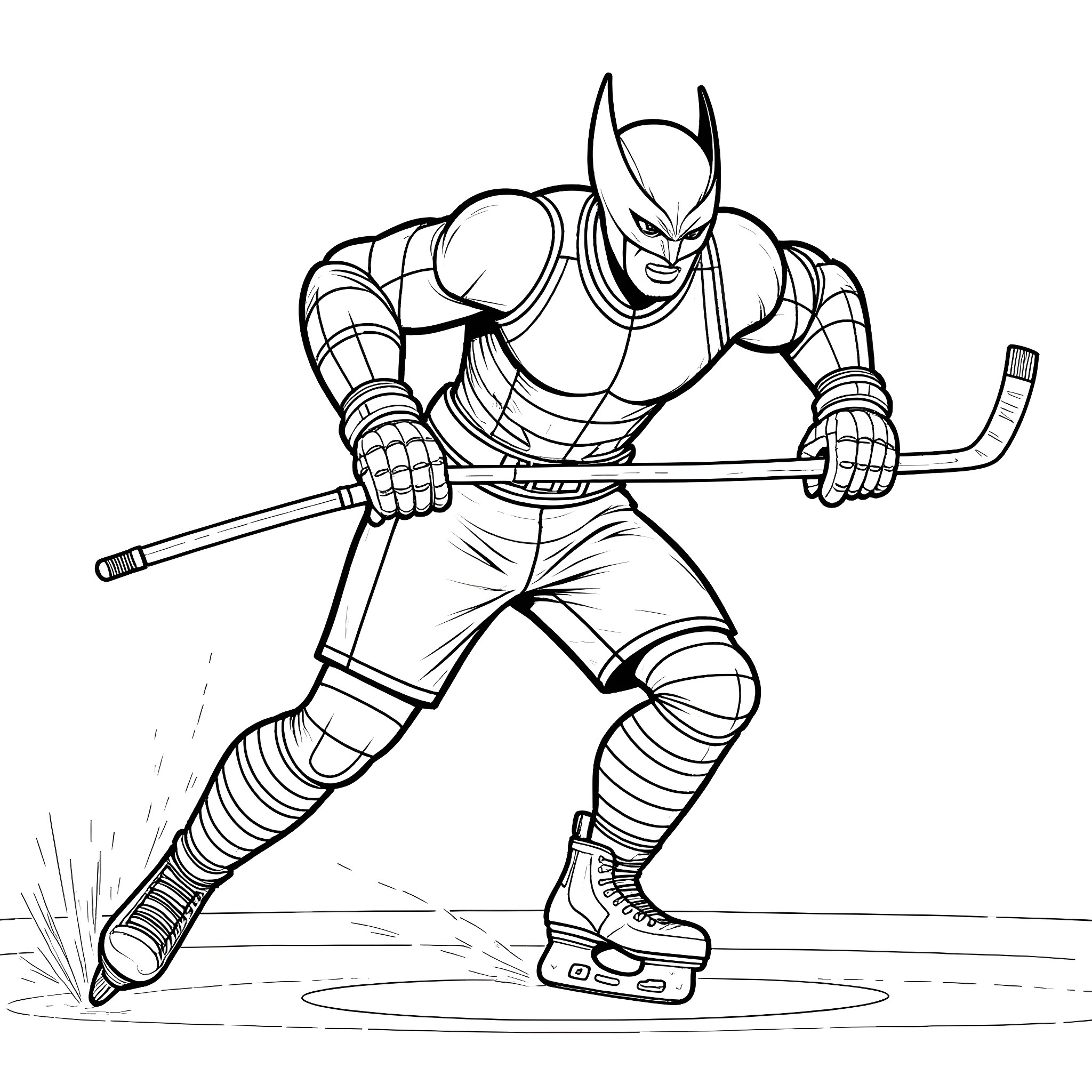 Wolverine Wielding Weapon in Fierce Stance Coloring Page (free black-and-white line drawing printable PDF for all, from beginners to advanced learners, including children, teens, adults, and seniors)