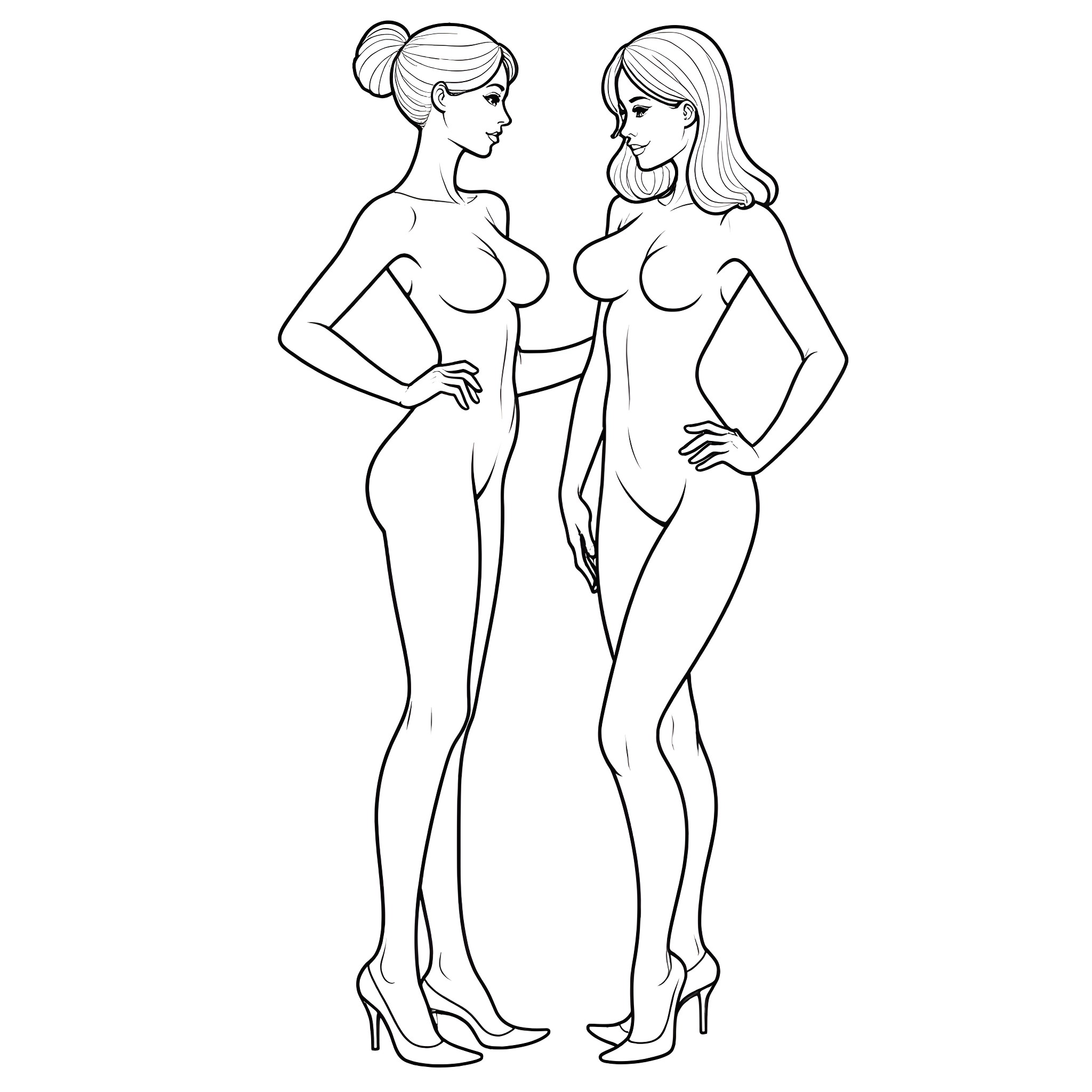 Model posing with another model in stylish outfits Coloring Page (free black-and-white line drawing printable PDF for all, from beginners to advanced learners, including children, teens, adults, and seniors)