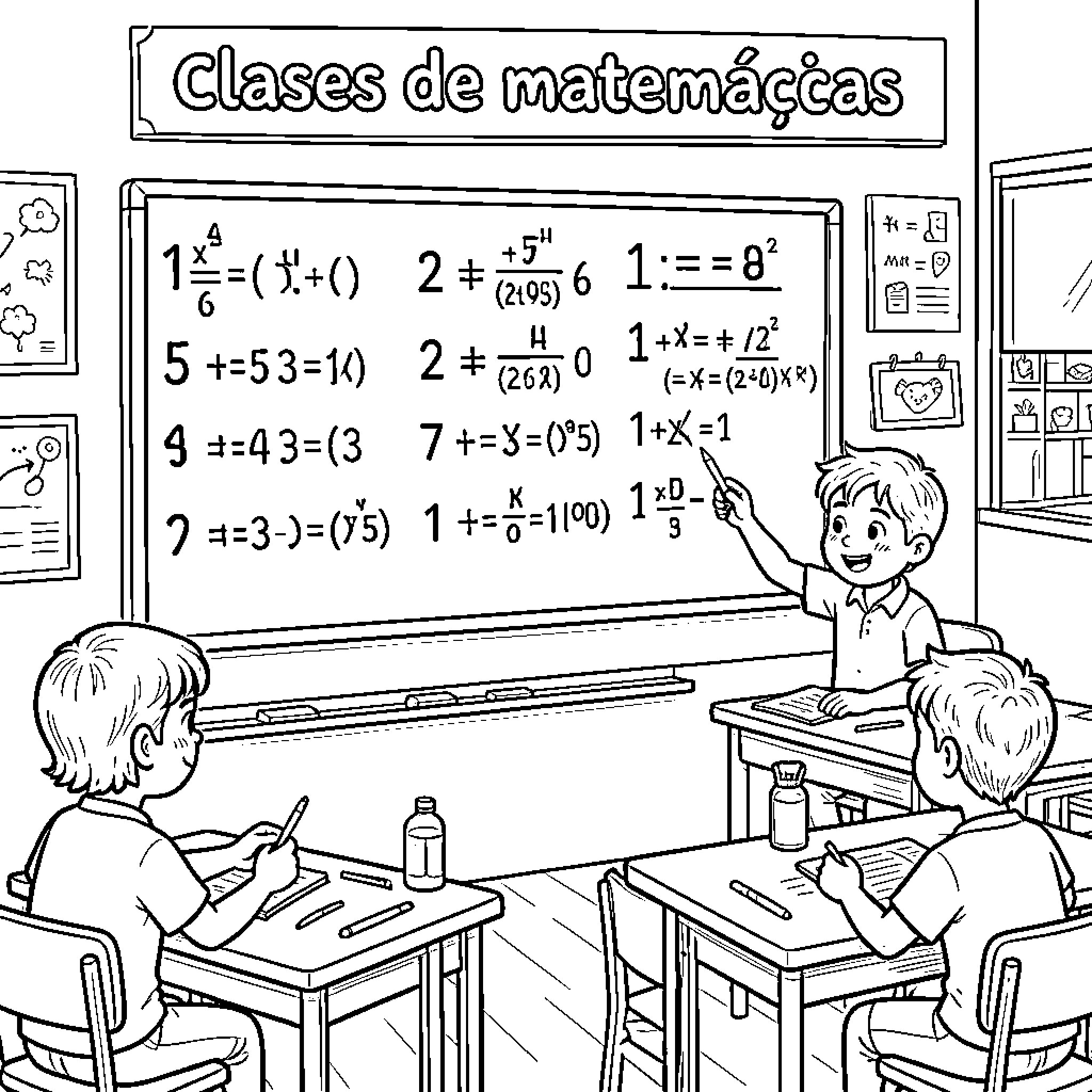 Mathematics Classroom with Students Learning Equations Coloring Page (free black-and-white line drawing printable PDF for all, from beginners to advanced learners, including children, teens, adults, and seniors)