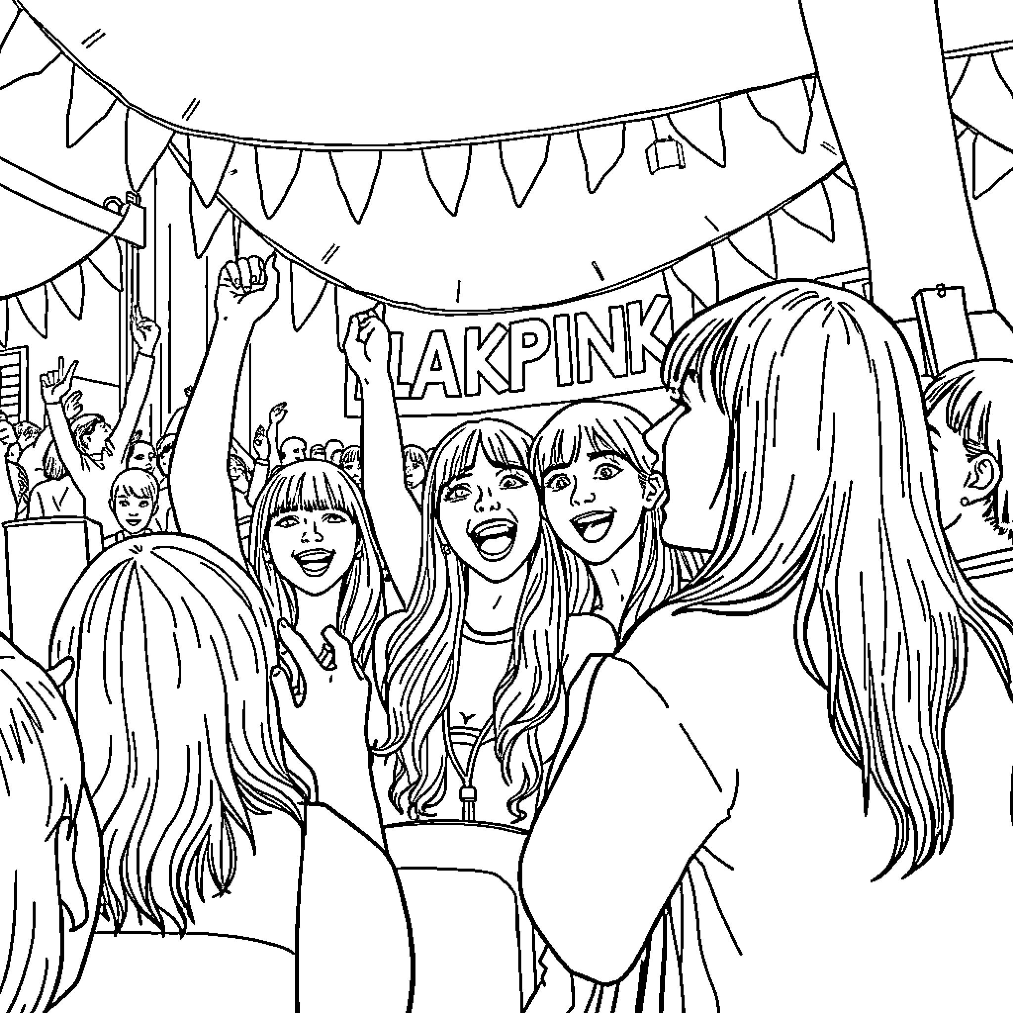 Blackpink Performing on Stage with Energetic Fans Coloring Page (free black-and-white line drawing printable PDF for all, from beginners to advanced learners, including children, teens, adults, and seniors)