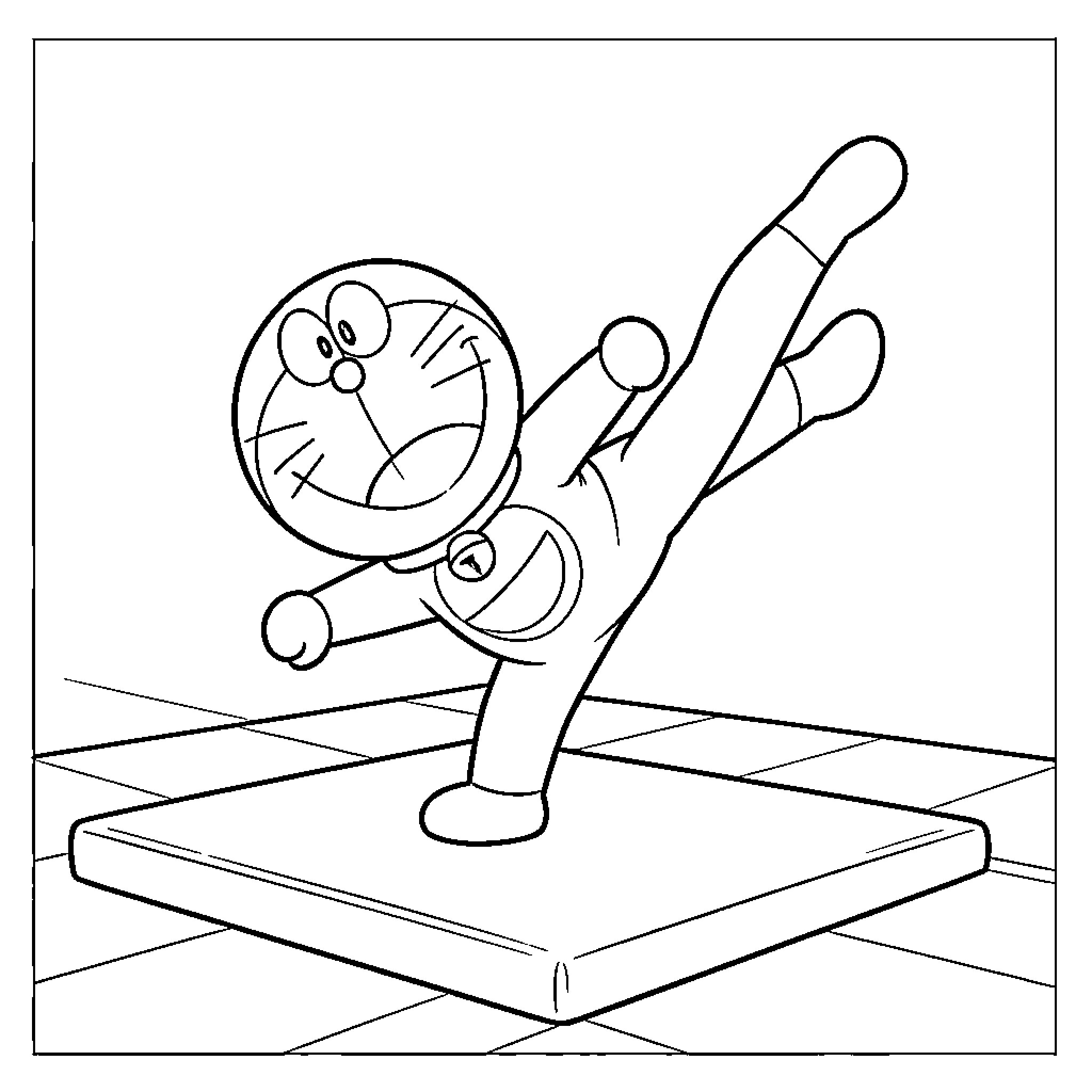 Doraemon engaging in playful antics Coloring Page (free black-and-white line drawing printable PDF for all, from beginners to advanced learners, including children, teens, adults, and seniors)