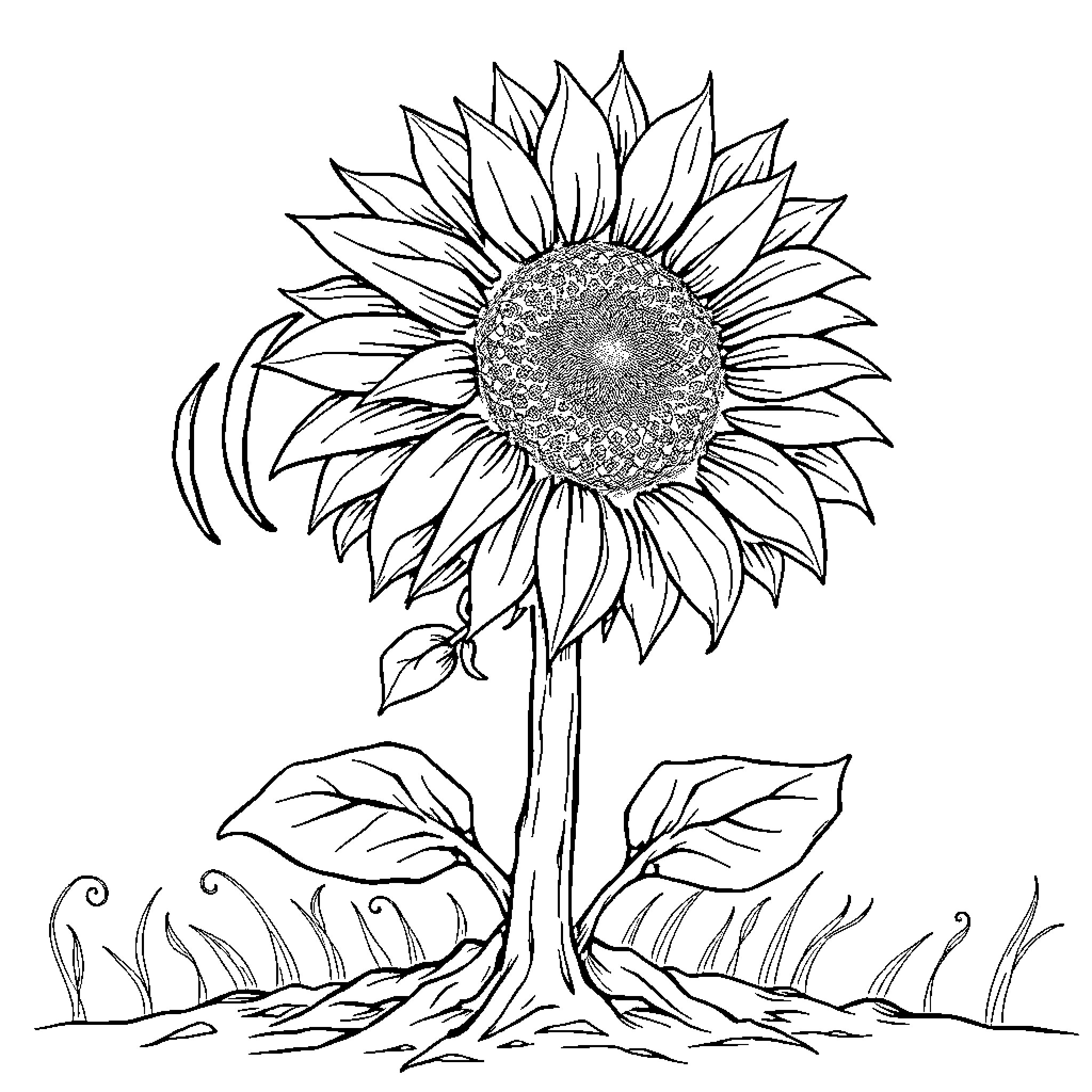 Sunflower in a detailed line drawing Coloring Page (free black-and-white line drawing printable PDF for all, from beginners to advanced learners, including children, teens, adults, and seniors)