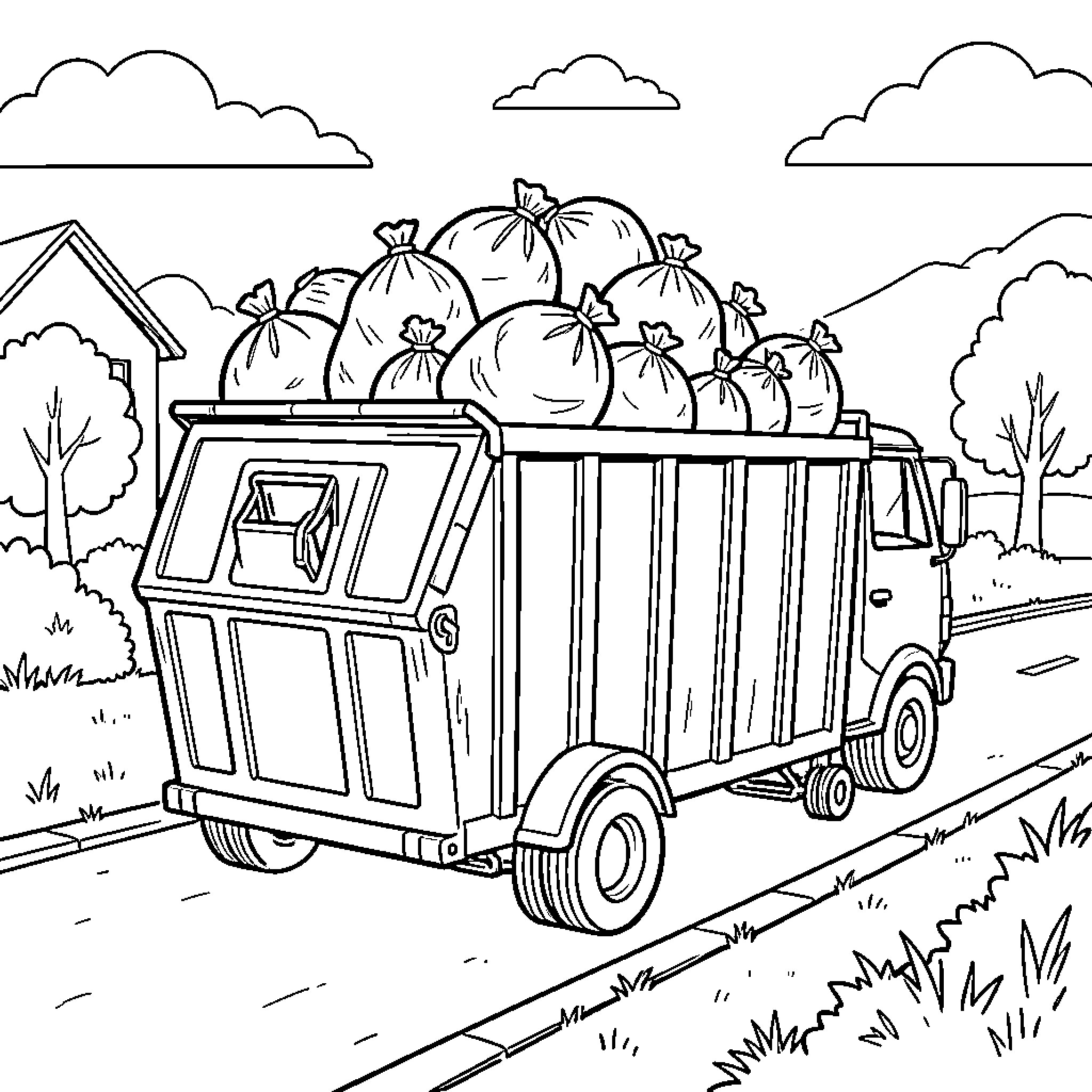 Garbage Truck Transporting Waste and Debris in Rural Setting Coloring Page (free black-and-white line drawing printable PDF for all, from beginners to advanced learners, including children, teens, adults, and seniors)