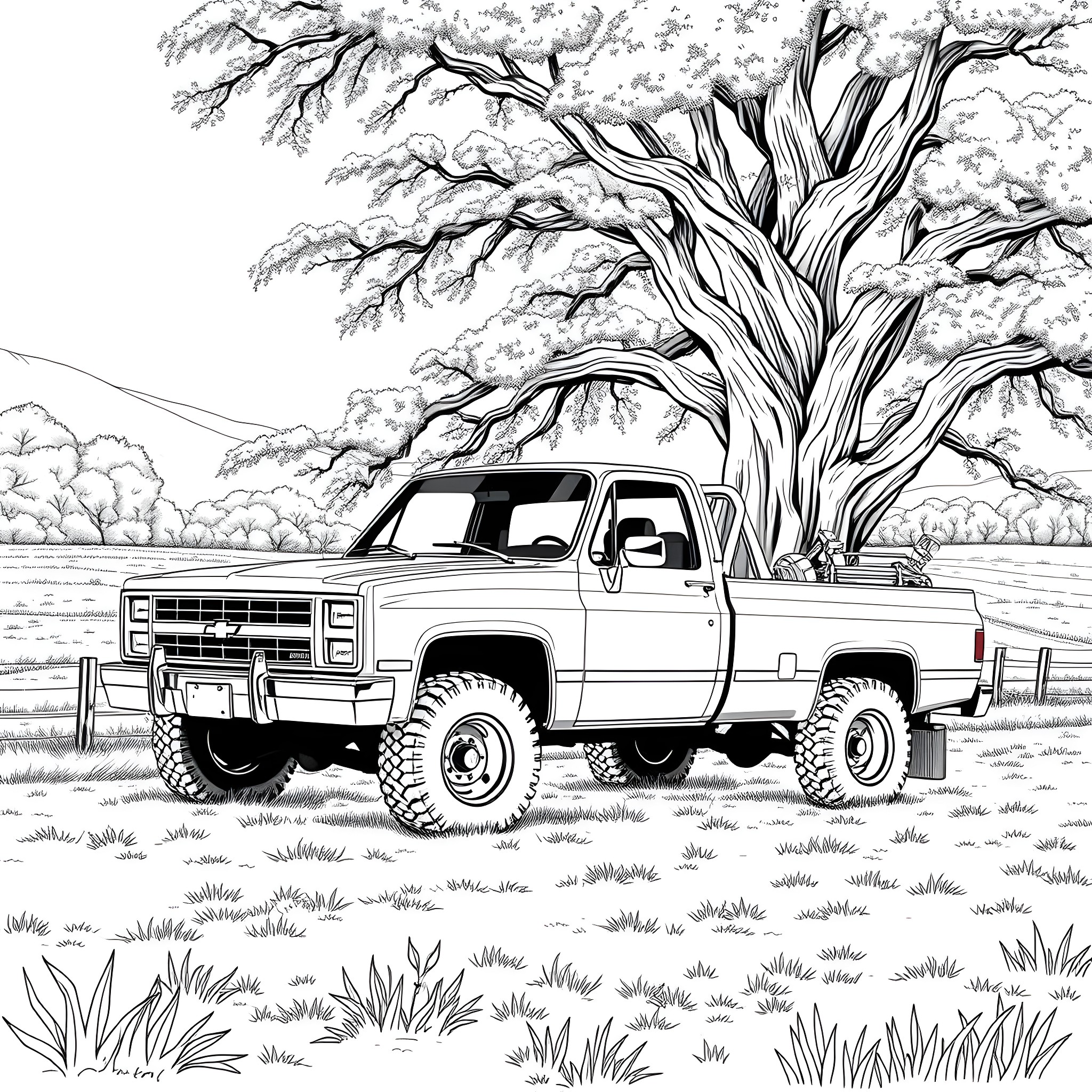 Truck parked in rural landscape under large tree Coloring Page (free black-and-white line drawing printable PDF for all, from beginners to advanced learners, including children, teens, adults, and seniors)