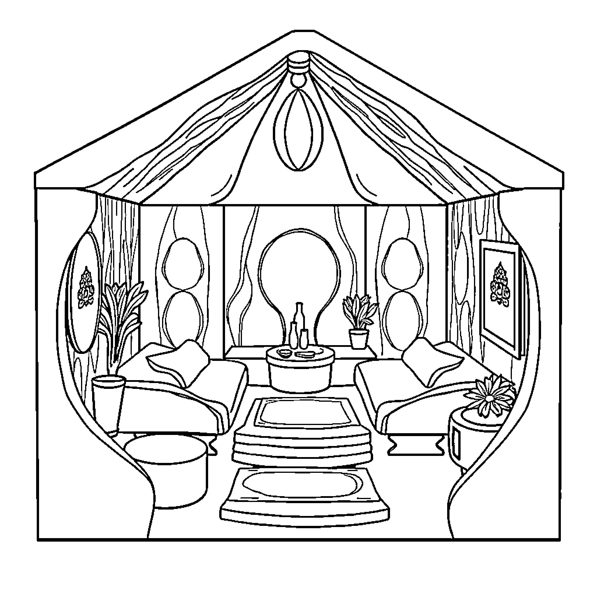 Spa-like Relaxing Retreat with Ornate Decor Coloring Page (free black-and-white line drawing printable PDF for all, from beginners to advanced learners, including children, teens, adults, and seniors)