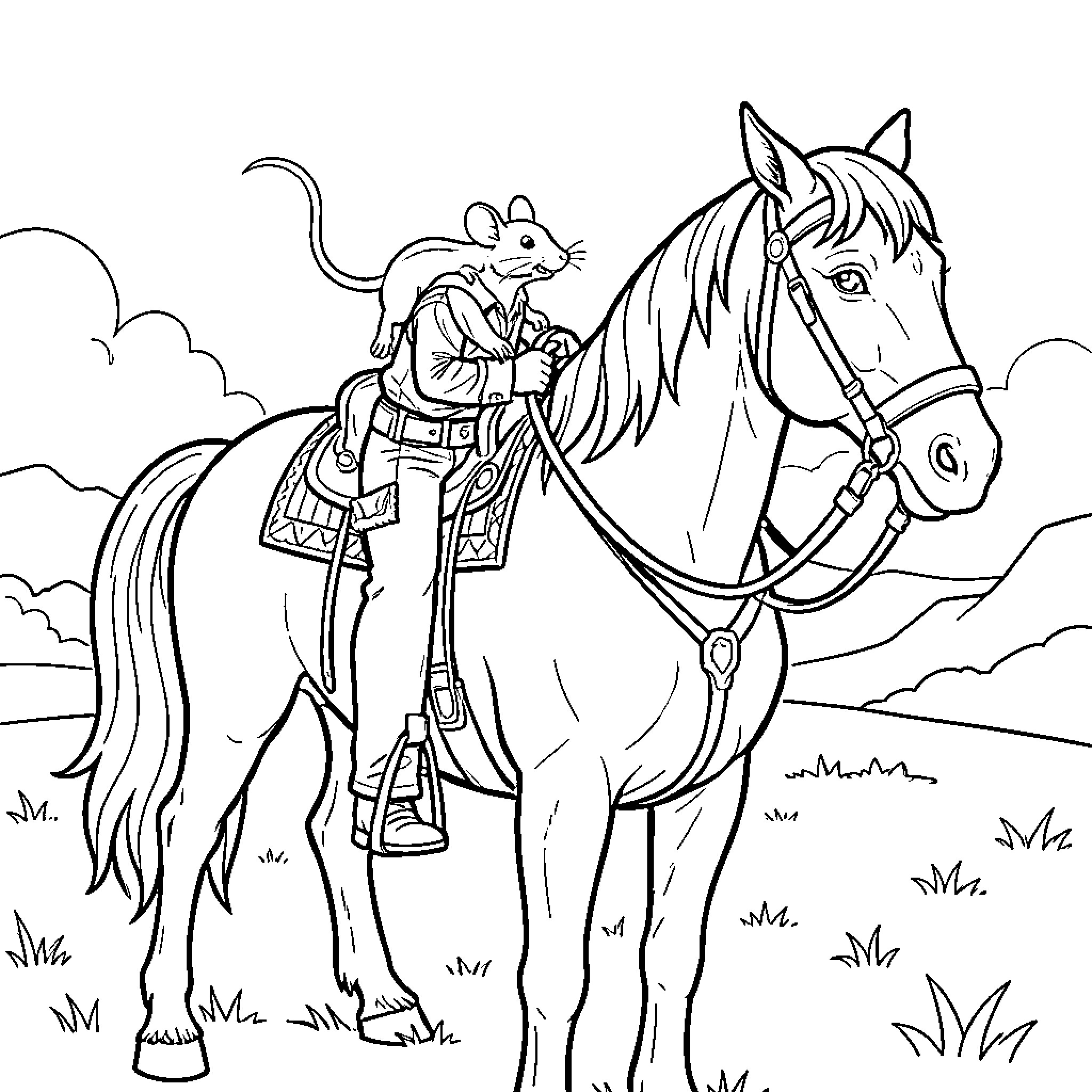 Souris riding a horse in a scenic landscape Coloring Page (free black-and-white line drawing printable PDF for all, from beginners to advanced learners, including children, teens, adults, and seniors)