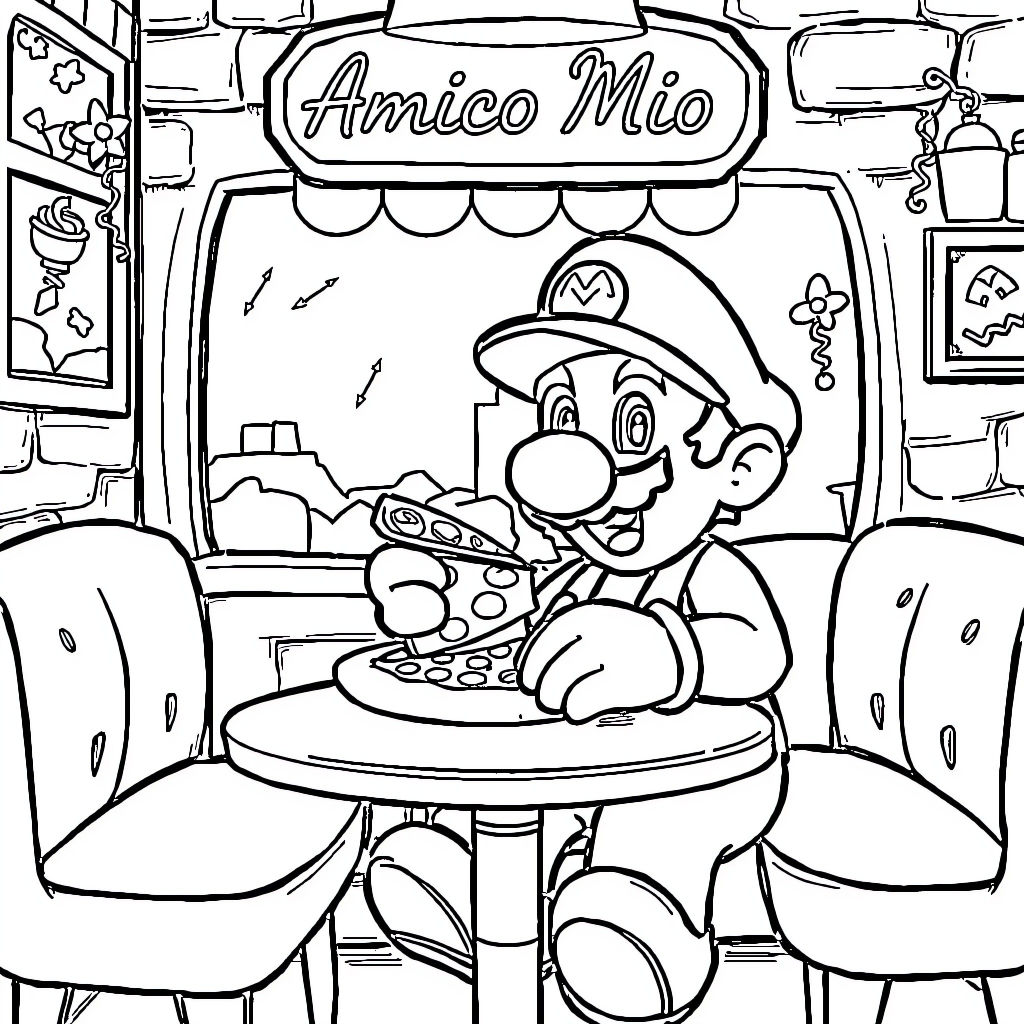Super Mario Enjoying Pizza at Amico Mio Coloring Page (free black-and-white line drawing printable PDF for all, from beginners to advanced learners, including children, teens, adults, and seniors)