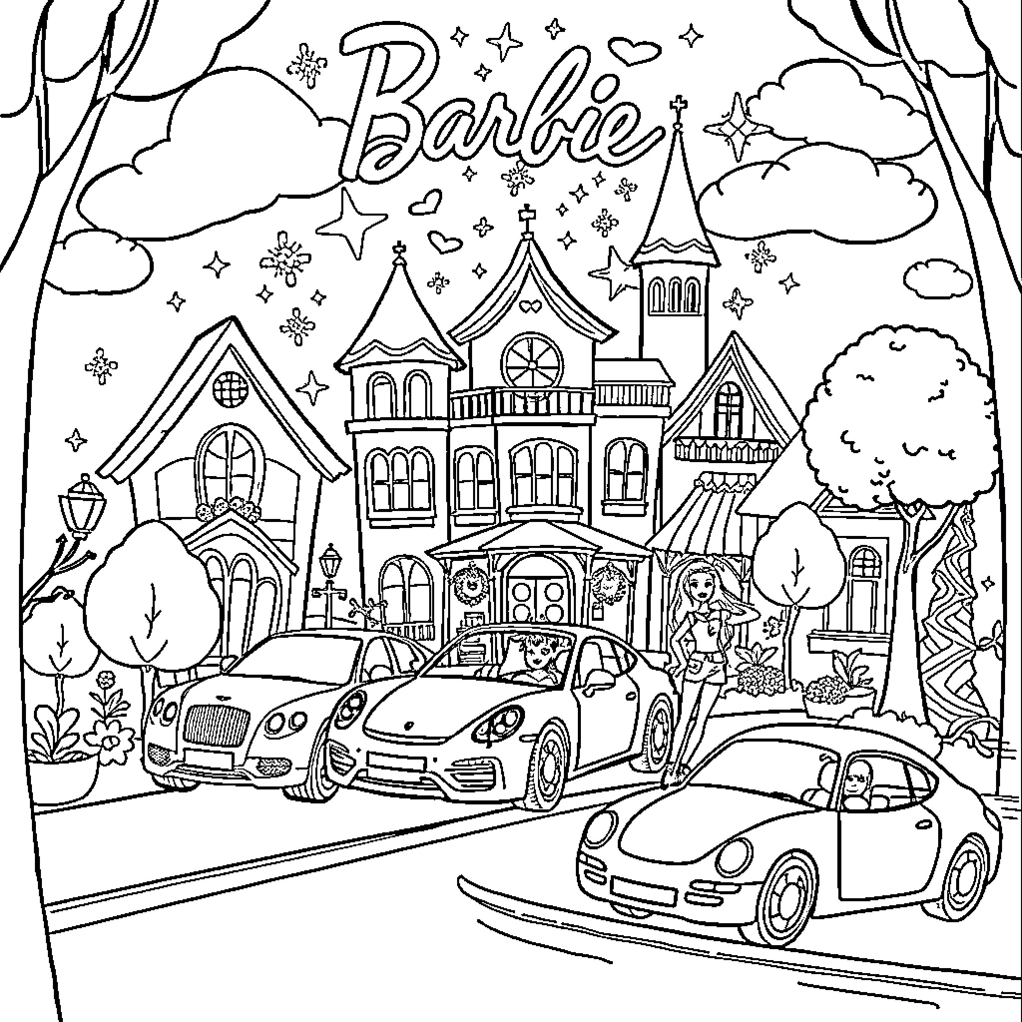 Barbie's Whimsical Town Adventure Coloring Page (free black-and-white line drawing printable PDF for all, from beginners to advanced learners, including children, teens, adults, and seniors)