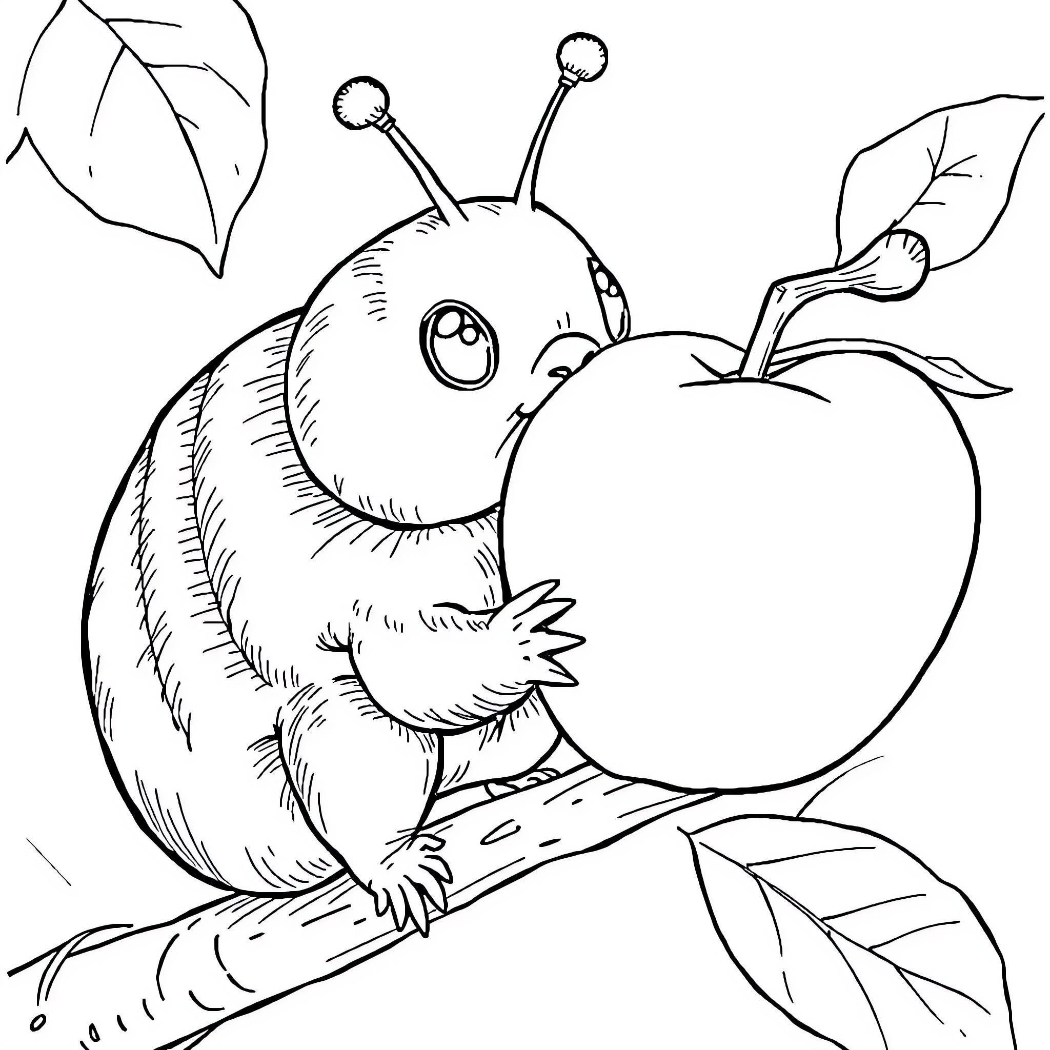 Chenille's Delicious Delight: An Apple Feast Coloring Page (free black-and-white line drawing printable PDF for all, from beginners to advanced learners, including children, teens, adults, and seniors)