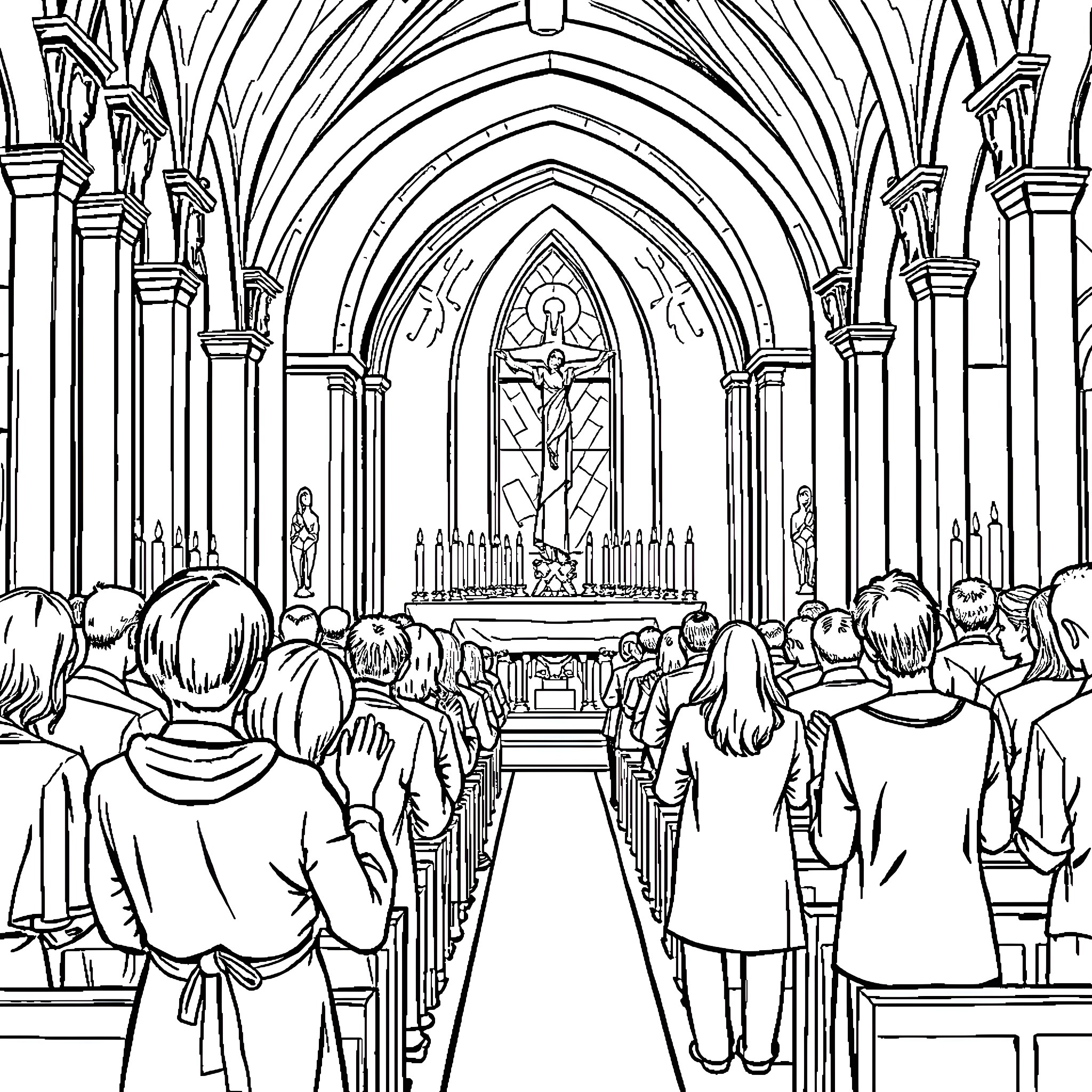 Adoration of the Faithful in a Gothic Cathedral Coloring Page (free black-and-white line drawing printable PDF for all, from beginners to advanced learners, including children, teens, adults, and seniors)