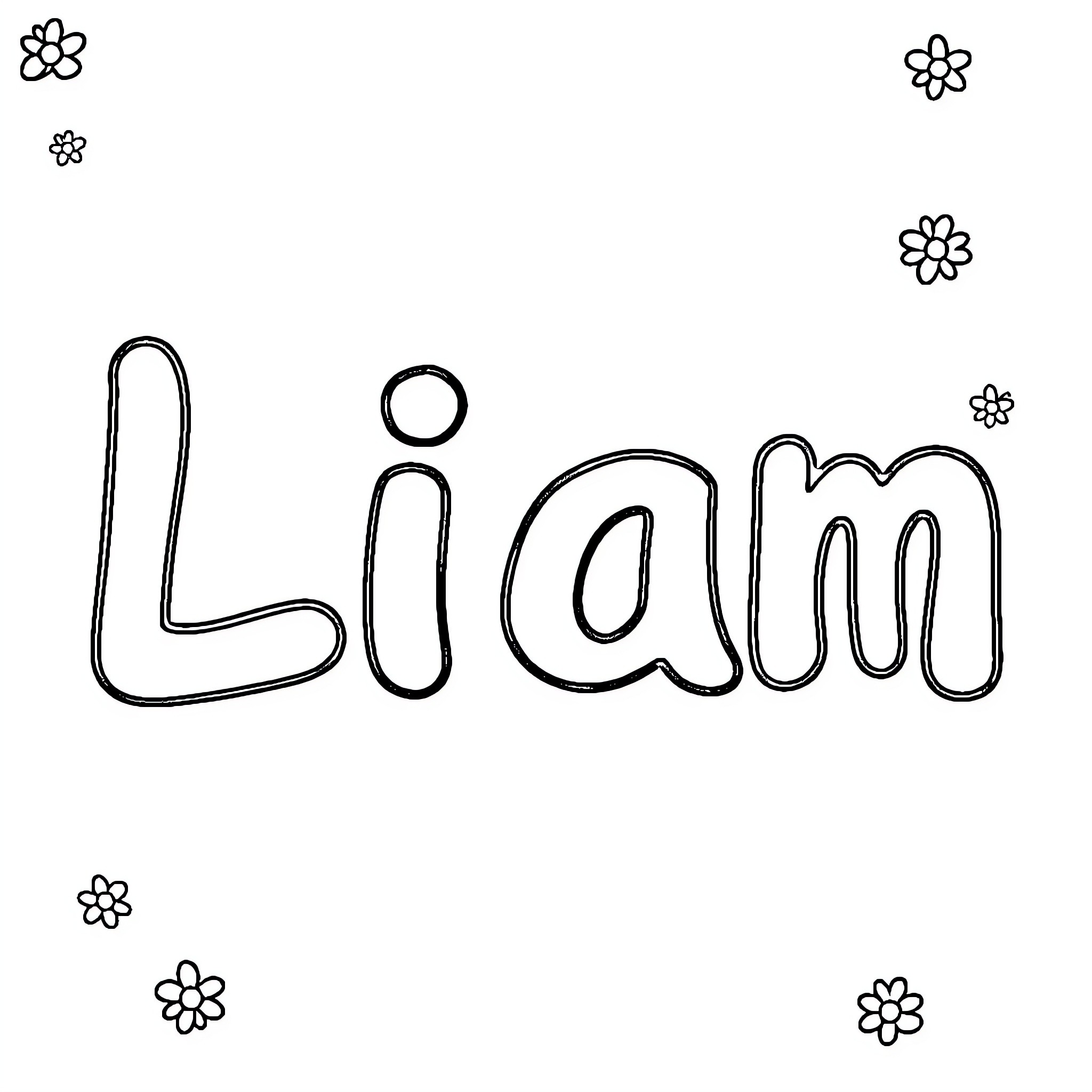 Liam's Floral Name Doodle Coloring Page (free black-and-white line drawing printable PDF for all, from beginners to advanced learners, including children, teens, adults, and seniors)