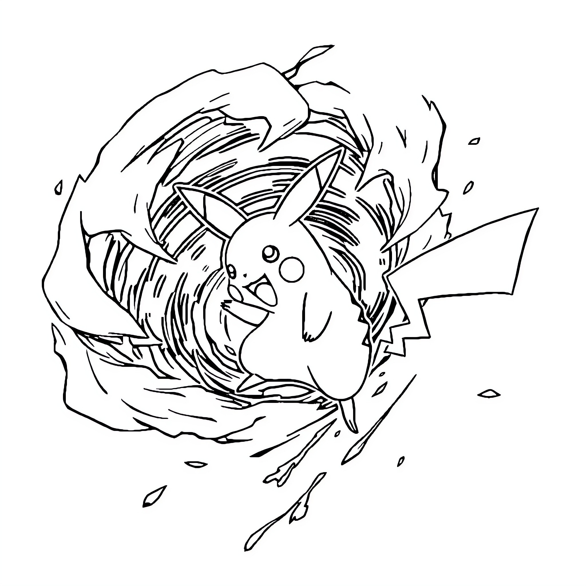 Pikachu bursting through the page Coloring Page (free black-and-white line drawing printable PDF for all, from beginners to advanced learners, including children, teens, adults, and seniors)