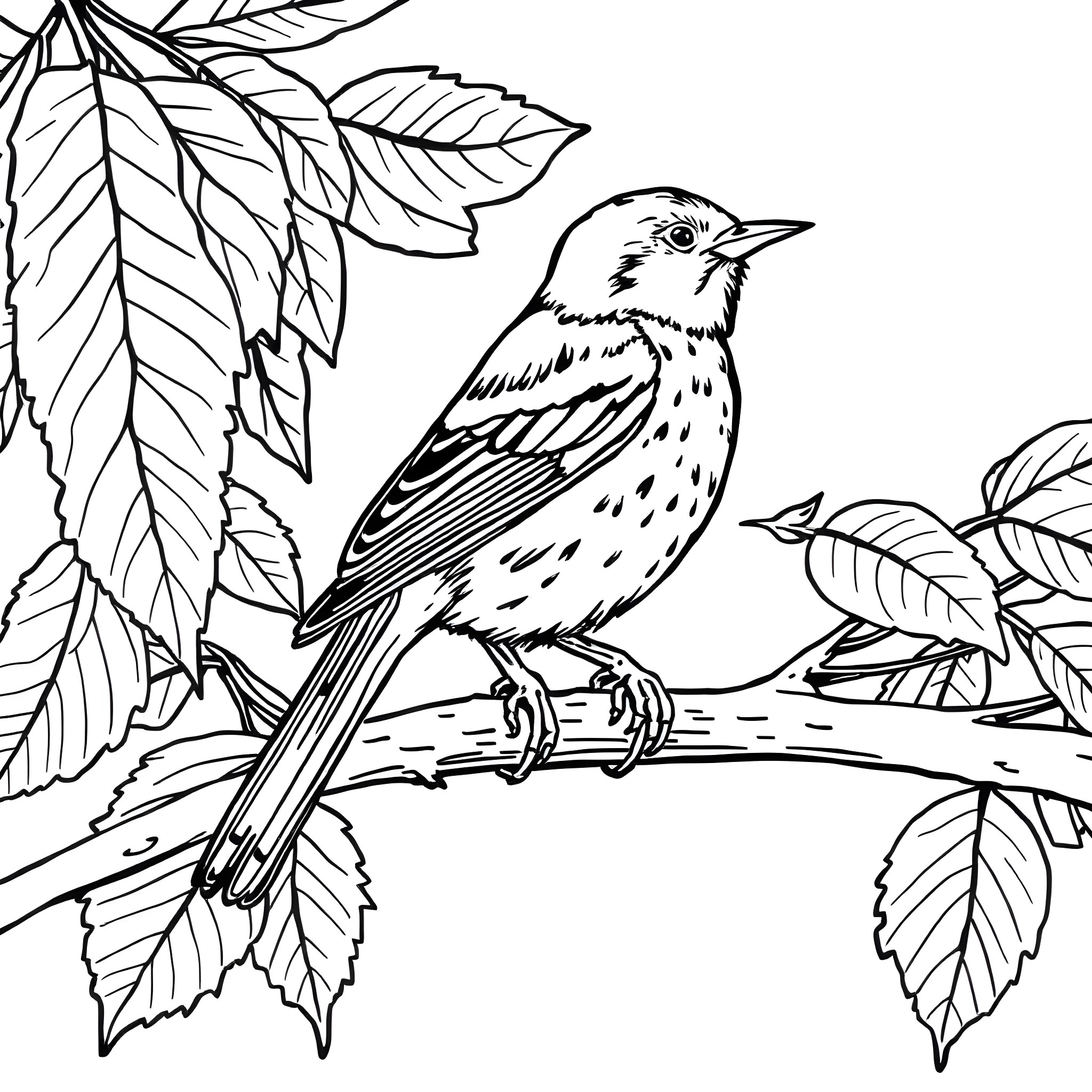 Spinus Tristis perched on a branch surrounded by leaves Coloring Page (free black-and-white line drawing printable PDF for all, from beginners to advanced learners, including children, teens, adults, and seniors)